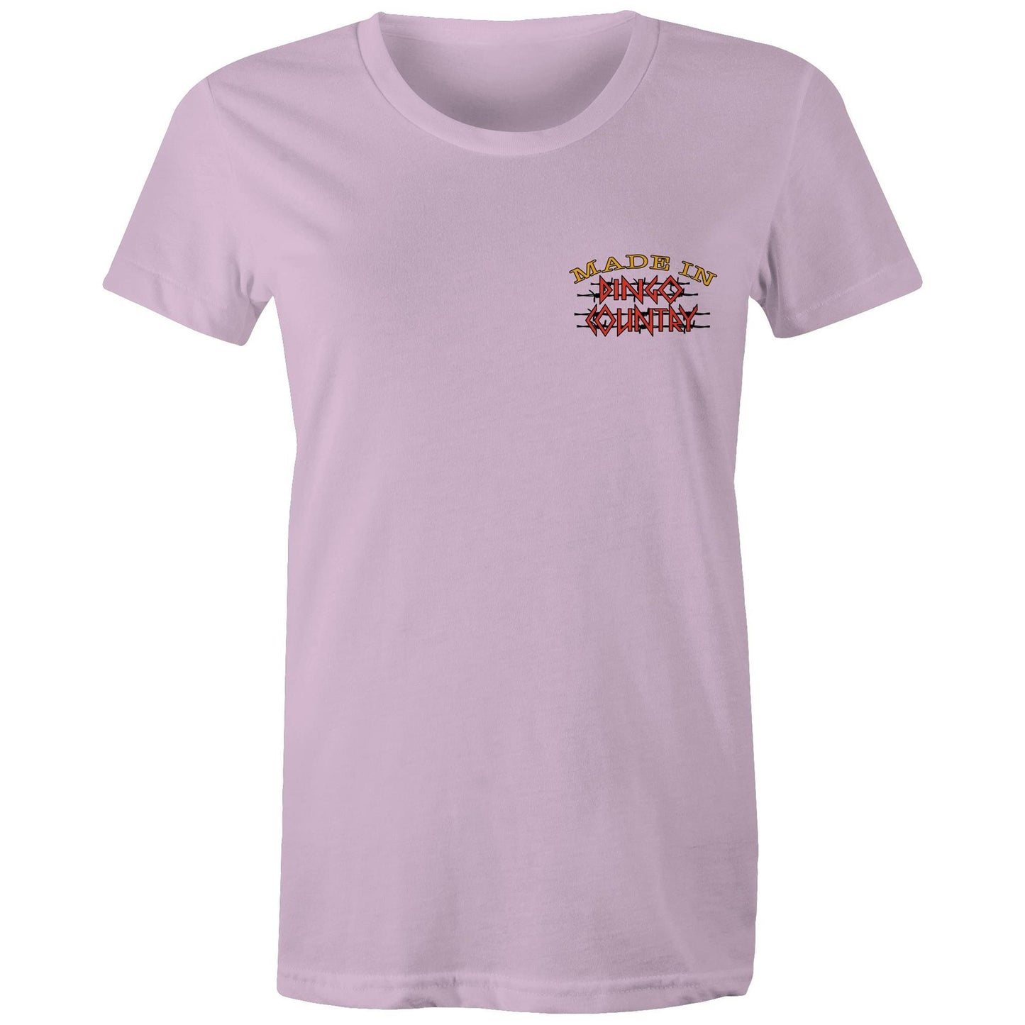 Made in Dingo Country" logo on a plain lavender women's maple tee - front view.