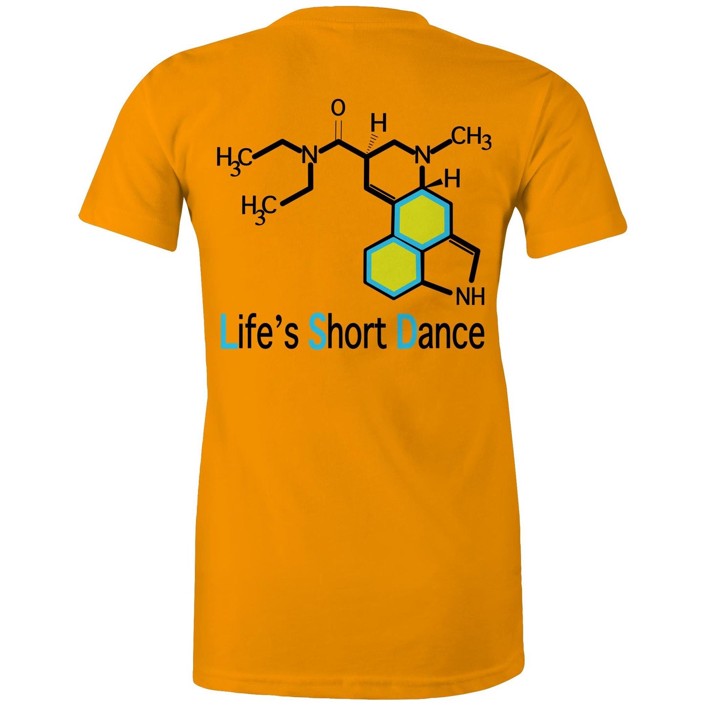 Back view of 'Life’s Short Dance' Women's Orange Maple Tee displaying the large molecular graphic and the slogan "life's short dance"