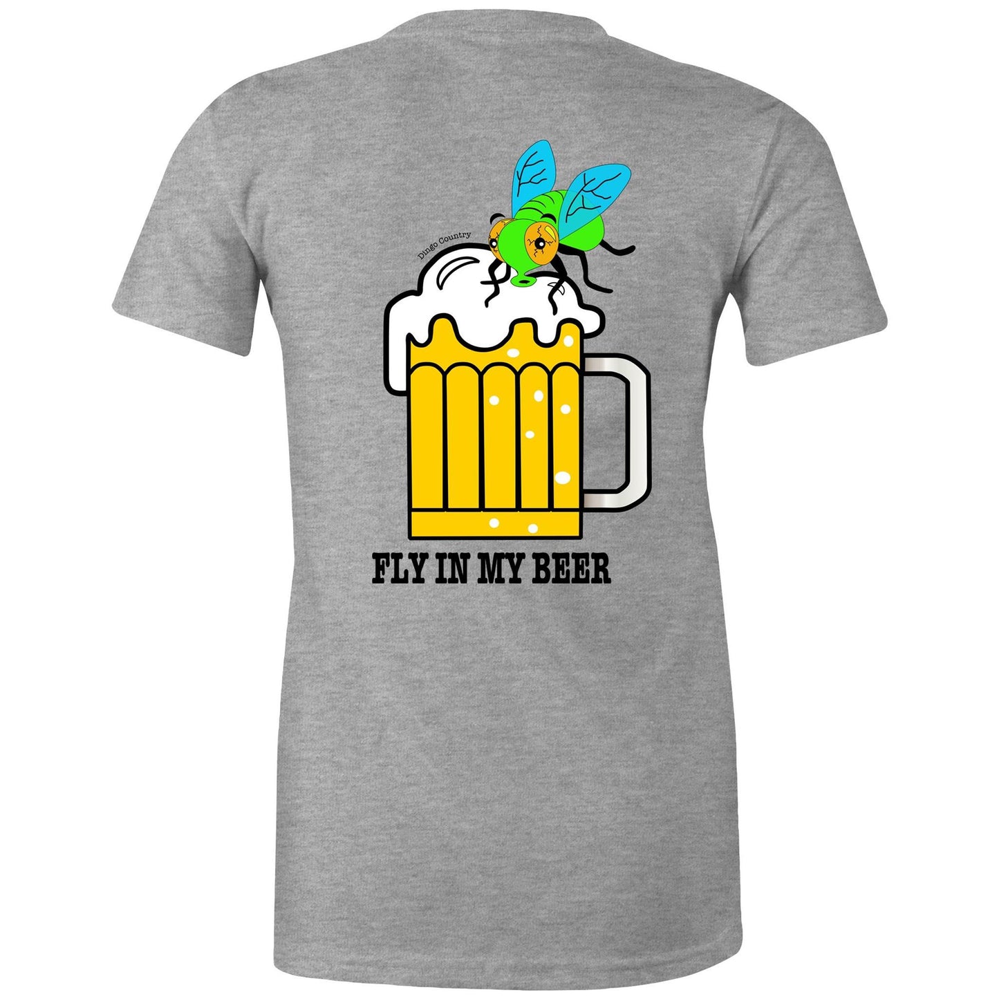 Back view of the grey 'Fly in My Beer' T-shirt featuring a humorous print with a cartoon fly in a frothy beer mug and the playful text below