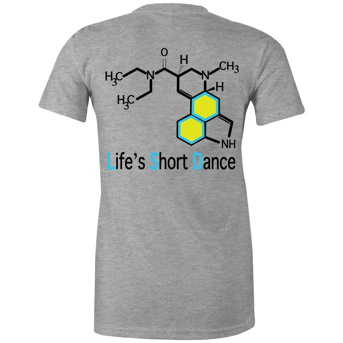 Back view of 'Life’s Short Dance' Women's Grey Maple Tee displaying the large molecular graphic and the slogan "life's short dance"