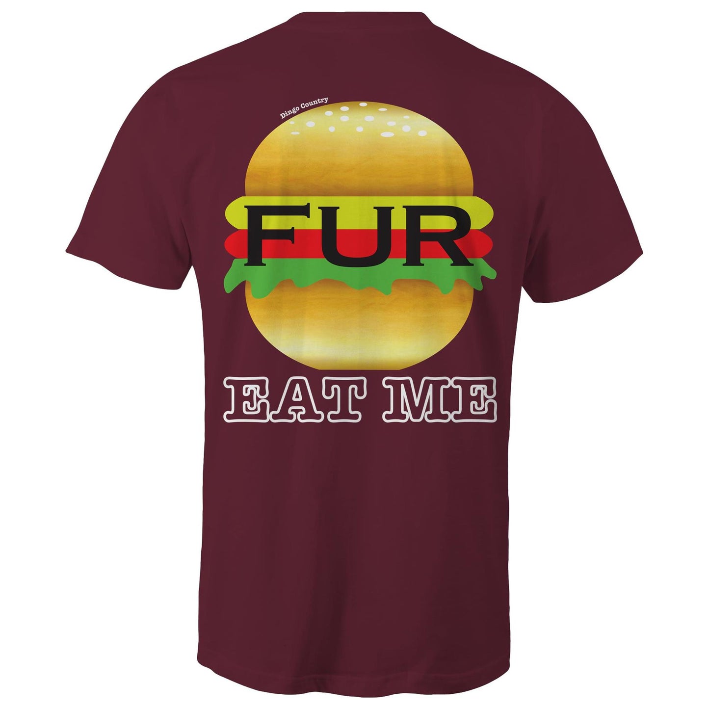 Back of burgundy t-shirt displaying a humorous 'EAT ME' text with a stylized Fur burger graphic, blending Australian slang with playful design