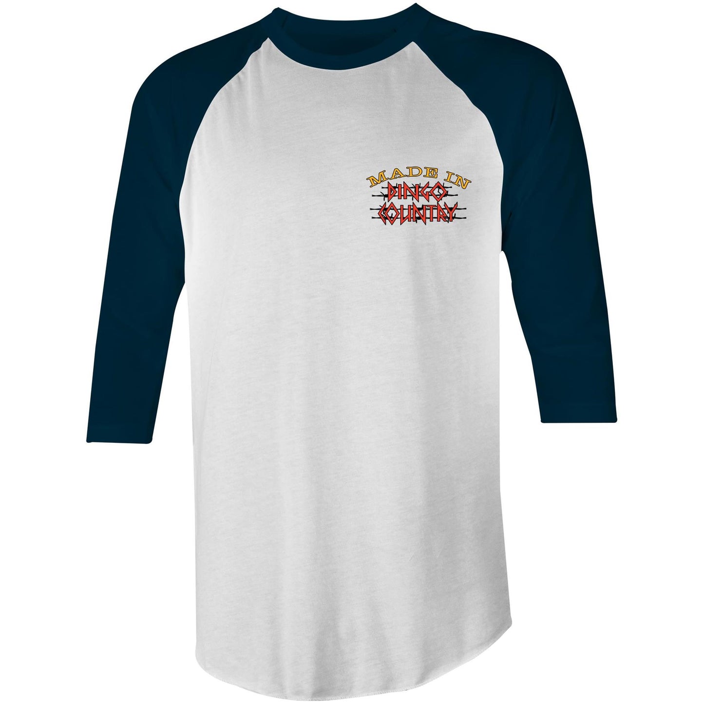 Men's Raglan Tee navy sleeve with 'Made in Dingo Country' logo - casual and cool
