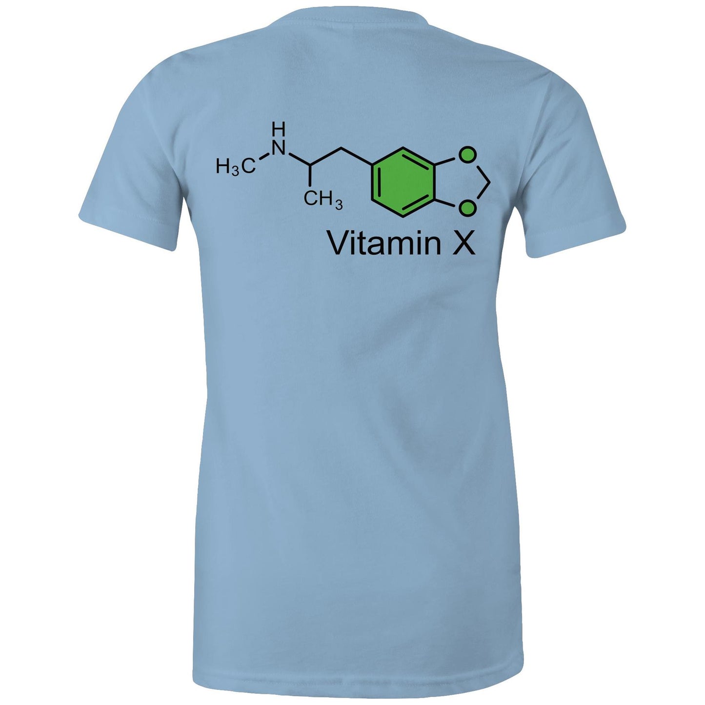 Chemical structure of MDMA, labeled "Vitamin X" on the back of a Carolina blue women's maple tee.