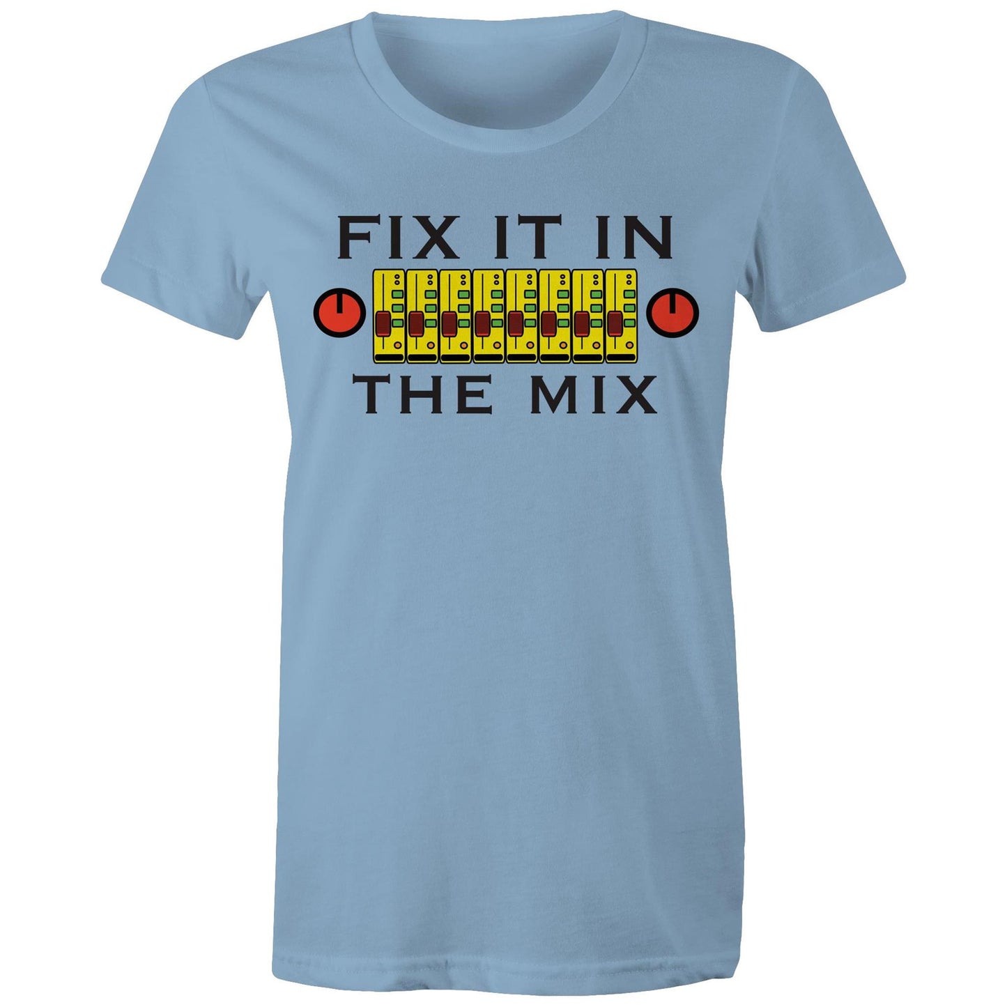 Fix It In The Mix' women's maple tee in Carolina blue with colorful mixer design