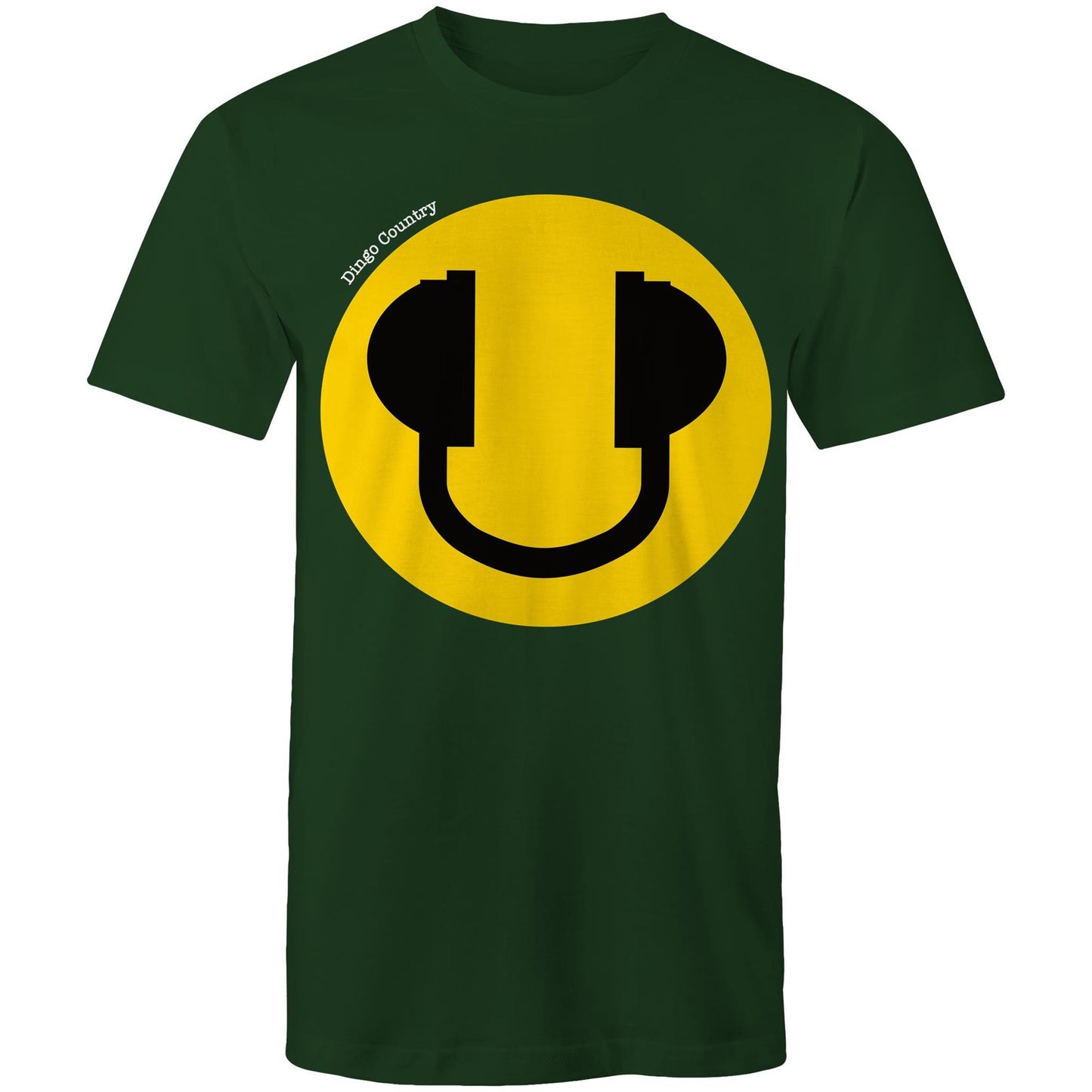 Men's kelly green T-Shirt featuring a large smiley face with headphone design, available in 13 colors, showcasing a playful and music-inspired style from Dingo Country.