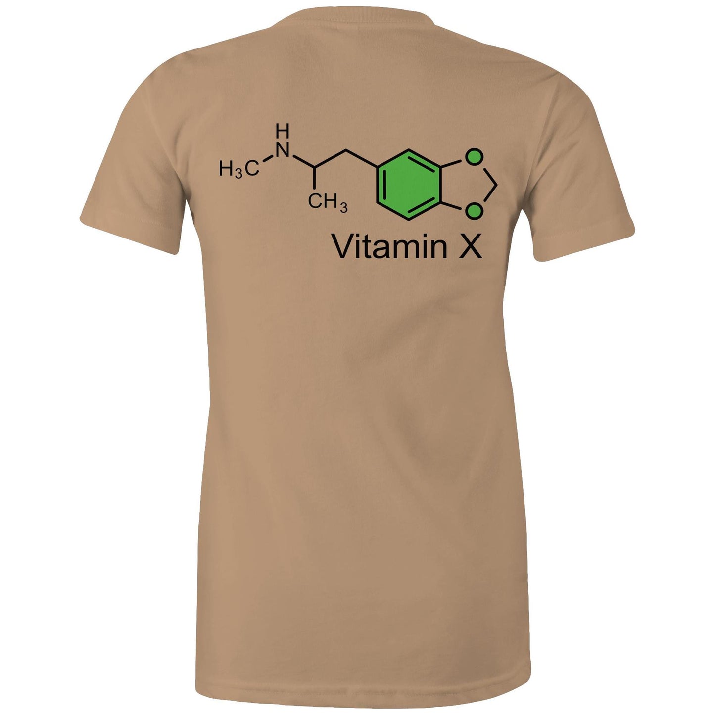 Chemical structure of MDMA, labeled "Vitamin X" on the back of a tan women's maple tee.