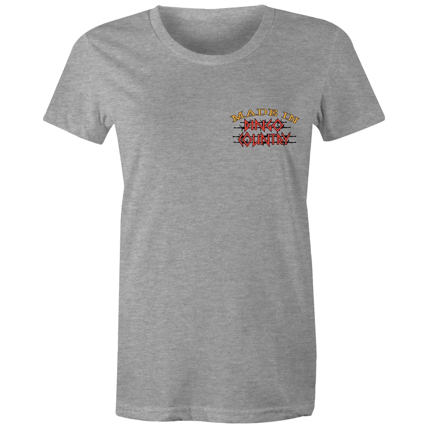 Front view of Dingo Country's grey Maple Tee, featuring the iconic 'Made in Dingo Country' logo.