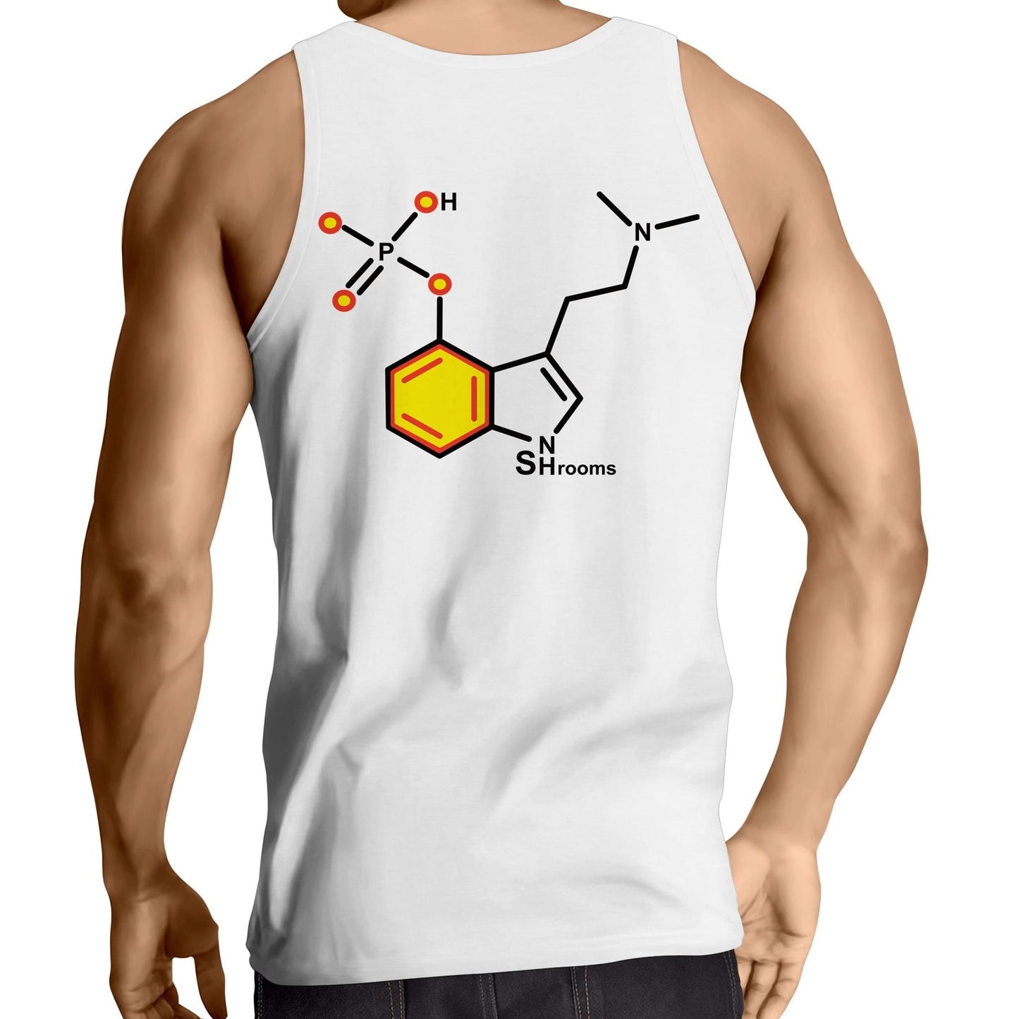 Back view of a men's white singlet displaying a colourful chemical structure of psilocybin, labeled 'Shrooms', representing a playful nod to psychedelic science.