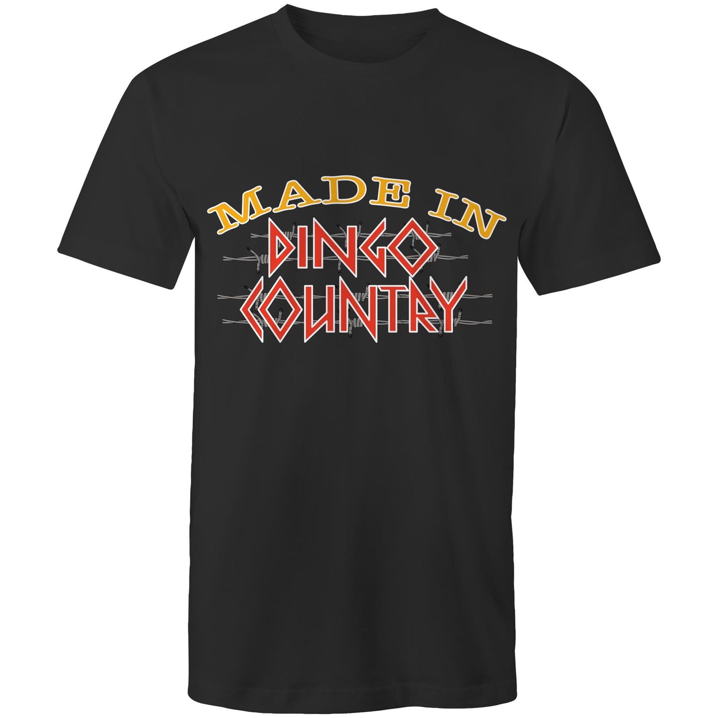 Men's classic black t-shirt emblazoned with 'Made in Dingo Country' logo, available in 11 unique colours to match any style