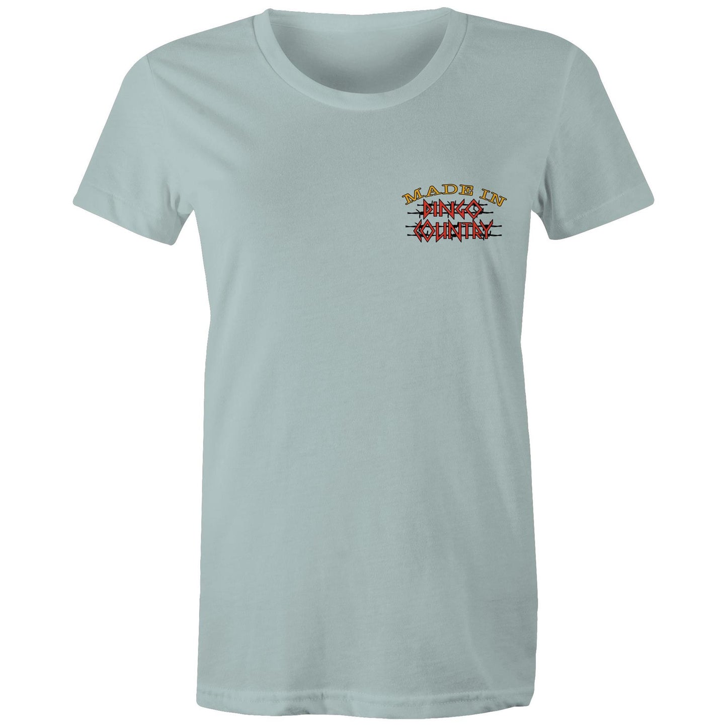 Simple and elegant pale blue Women's Maple Tee with 'Made in Dingo Country' in distressed Australian flag colours across the chest.