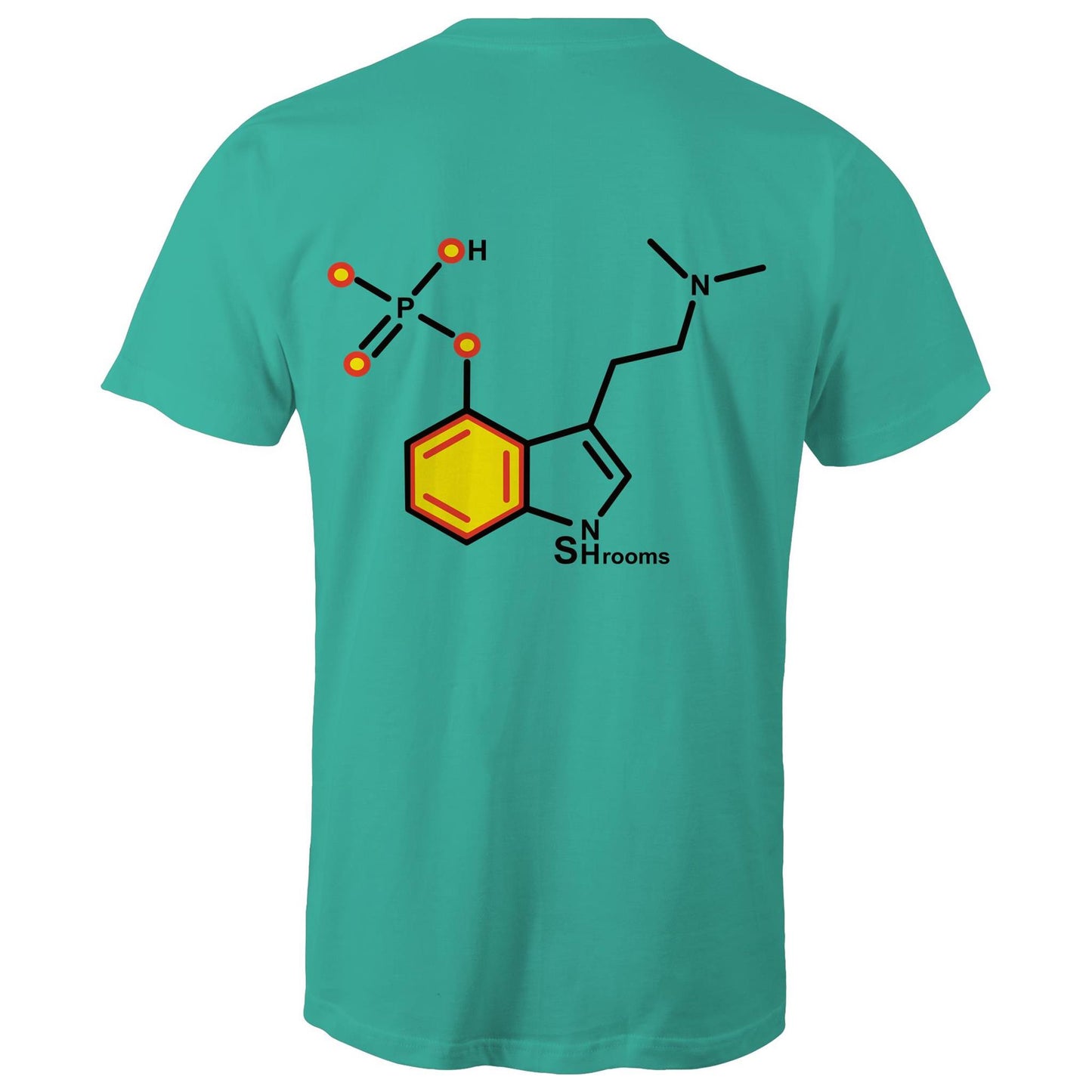 Back of the men's teal T-shirt showcasing the Psilocybin molecule, combining scientific appeal with a sharp, modern design.