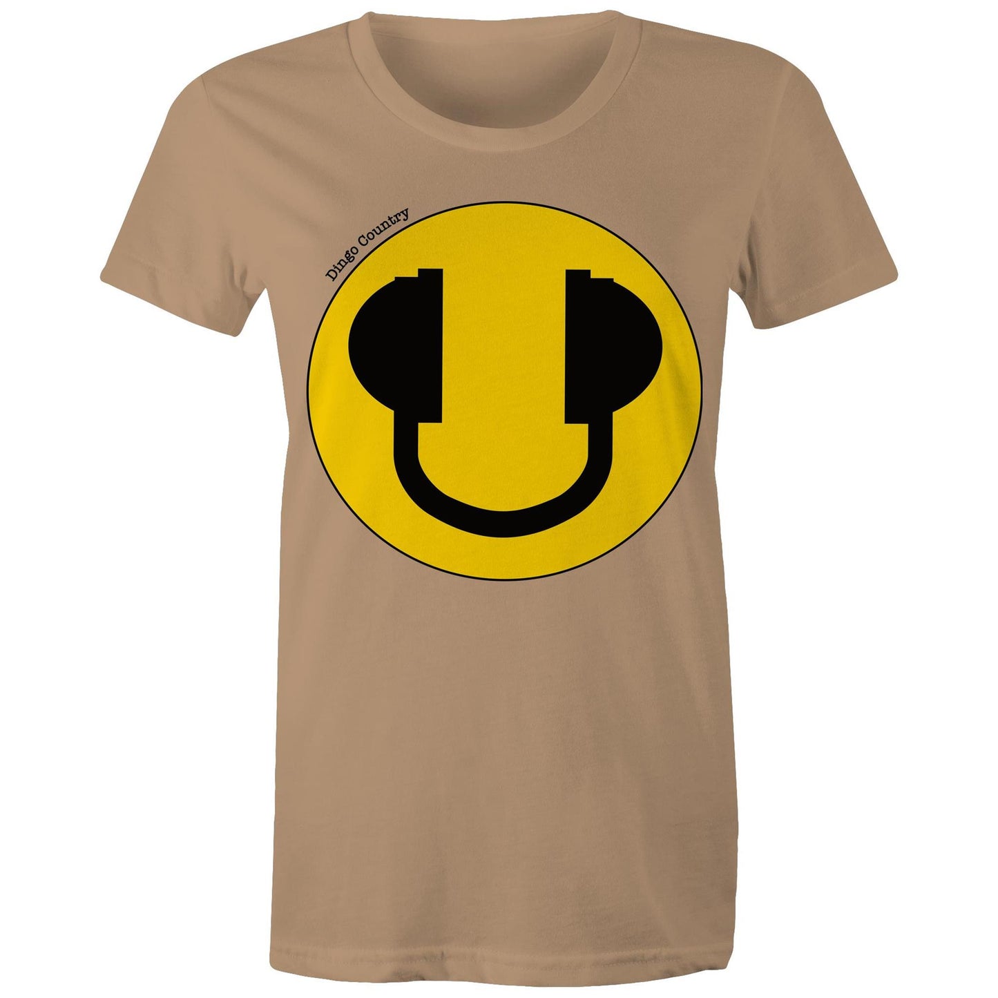 Women's Maple Tee in tan with a bold yellow smiley face and headphone design, expressing a fun-loving music vibe, available at Dingo Country.
