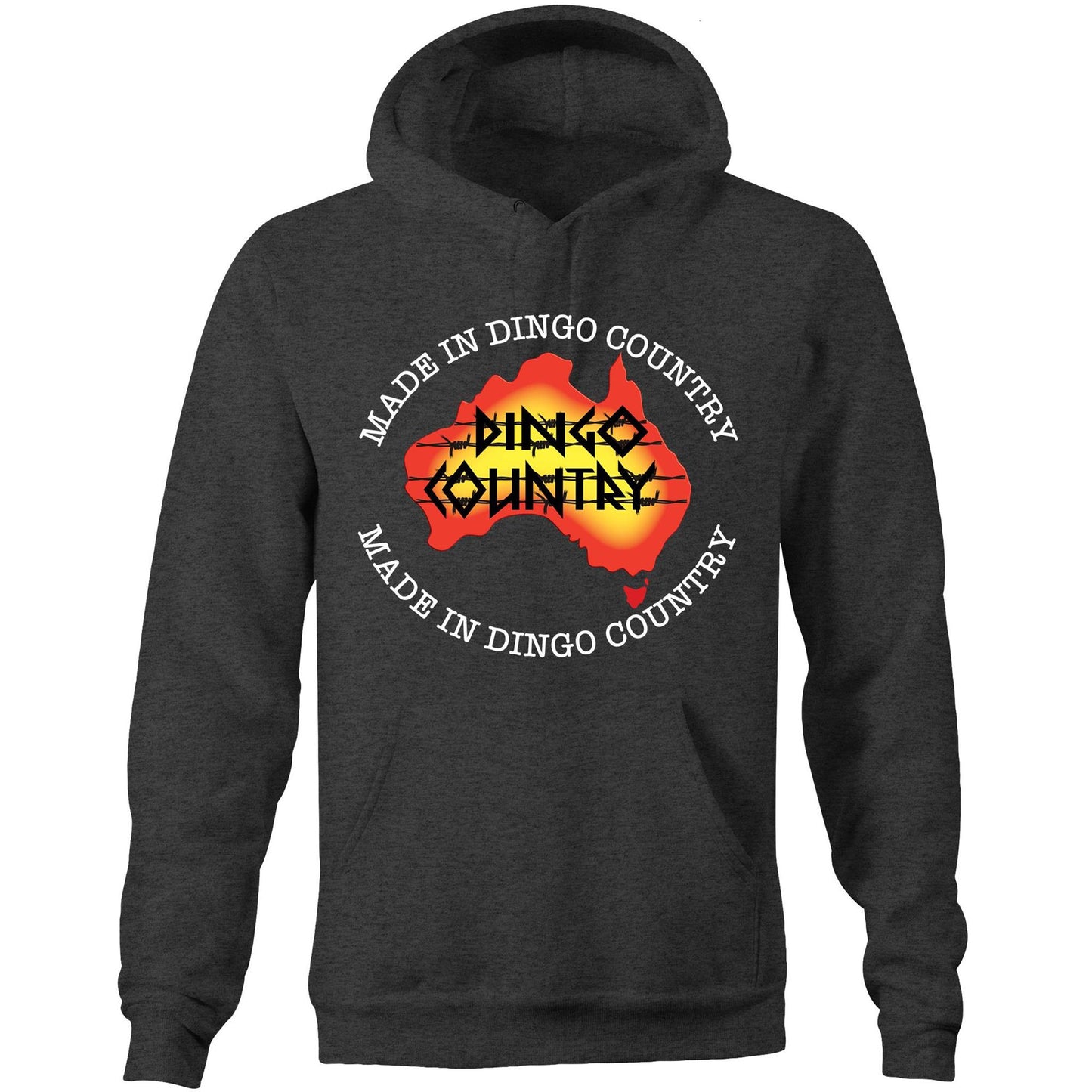 Asphalt 'Made in DC Australia' pocket hoodie sweatshirt showcasing a stylised map of Australia with 'Dingo Country' & made in dingo country text on the front.