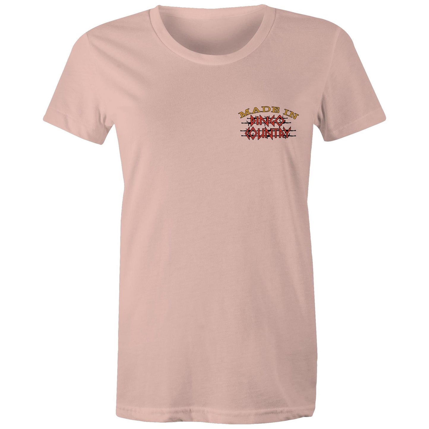 Front view of 'Life’s Short Dance' Women's Maple Tee showcasing the 'Made in Dingo Country' logo in a compact, rustic design on a Pale pink tee.