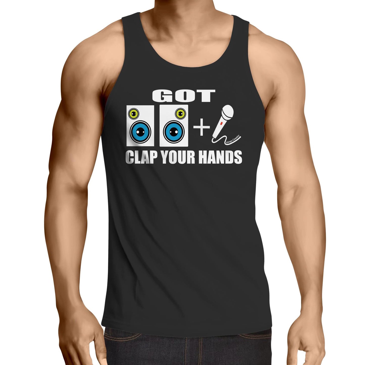 Men's black singlet top with 'Got 2 Speakers & A Microphone' graphic, inspired by Beck's song, from Dingo Country.