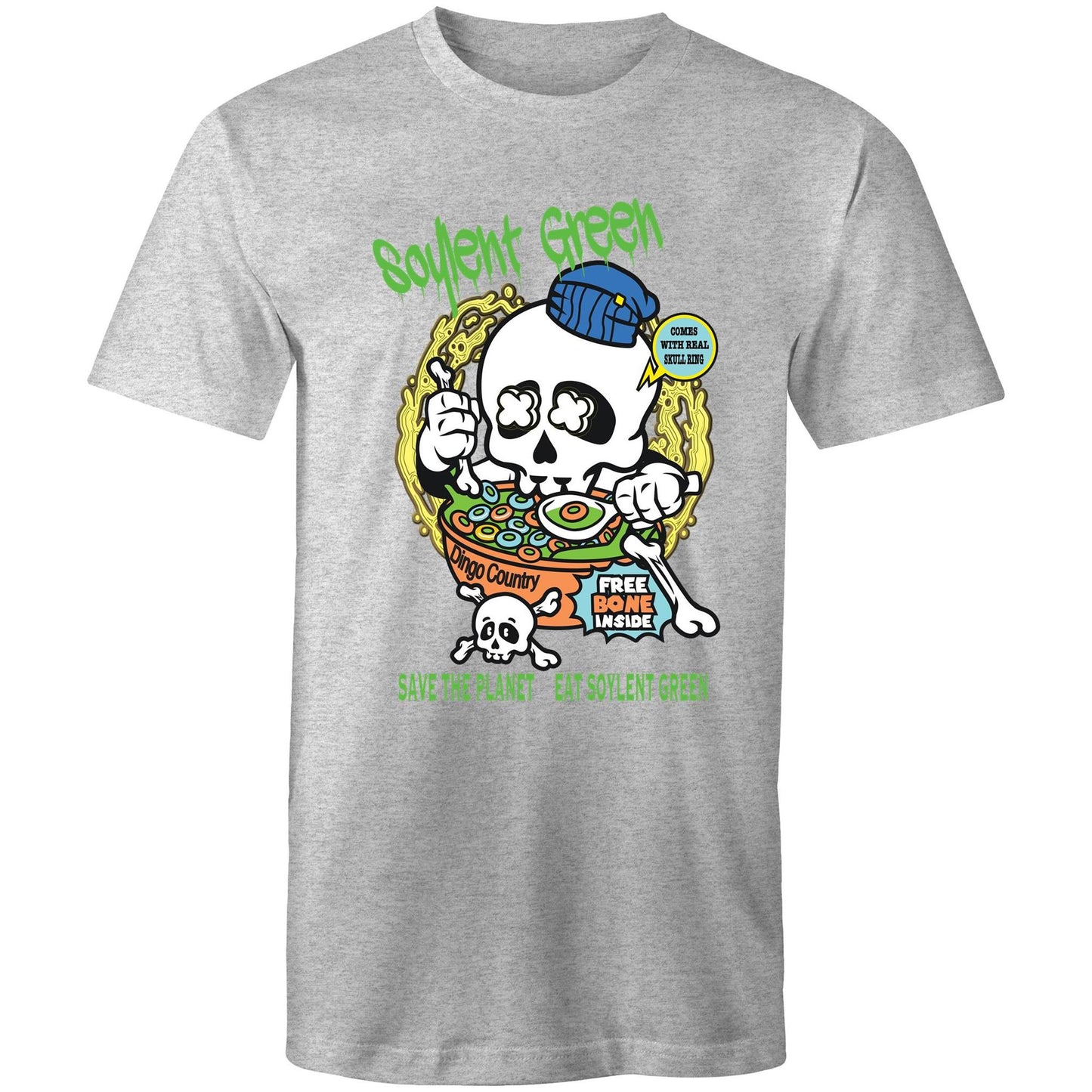 Grey men's T-shirt with a colourful 'Soylent Green' graphic, showcasing a skull eating cereal and a 'Save the Planet, Eat Soylent Green' message.