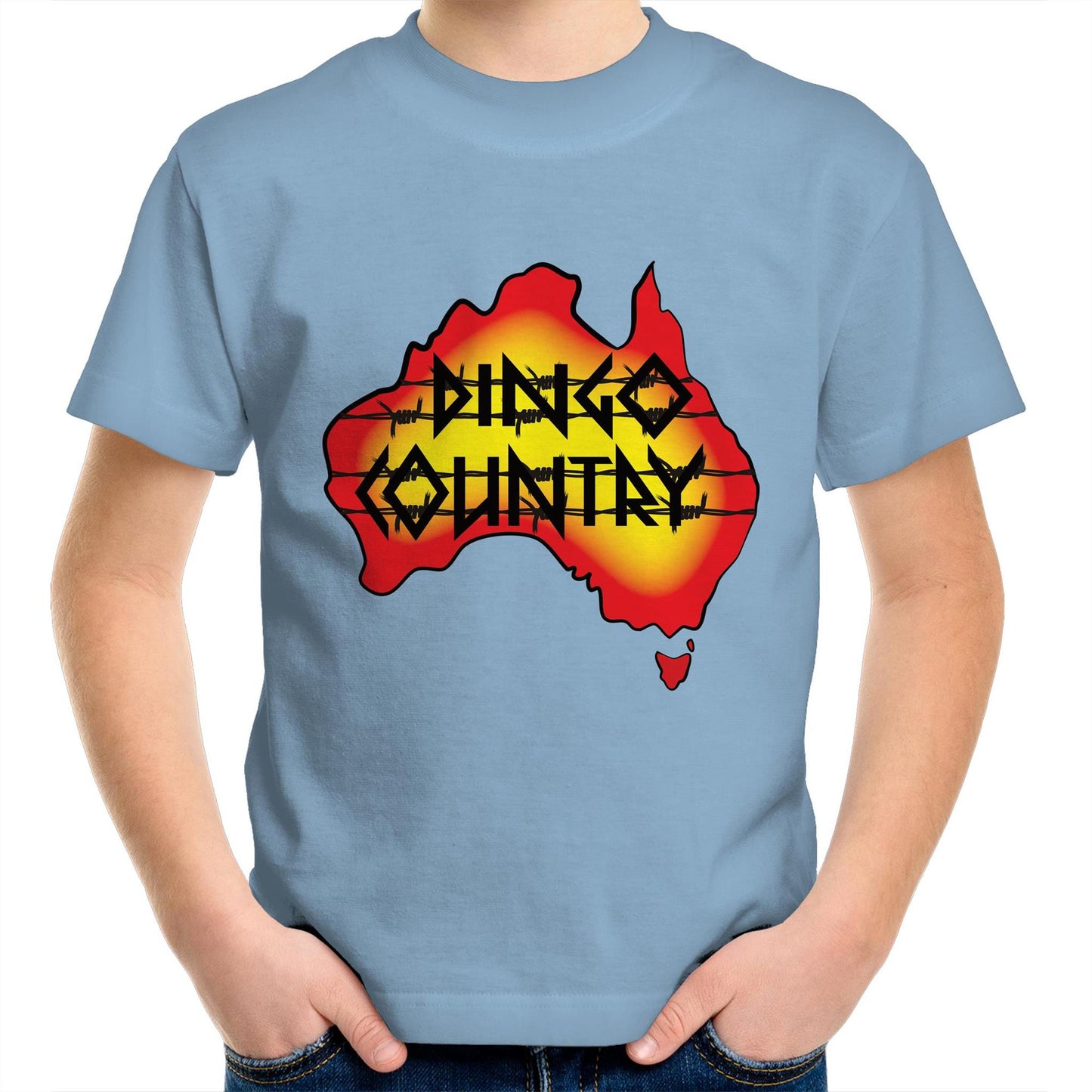 Child wearing Australian map Dingo Country T-shirt Carolina Blue