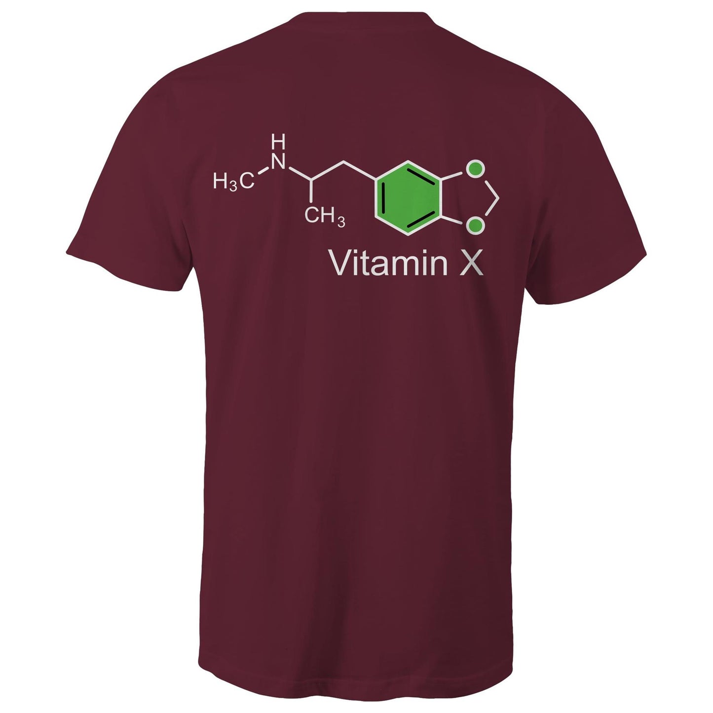 Back of the burgundy t-shirt displaying the green and white MDMA molecular structure with 'Vitamin X' text, celebrating scientific curiosity