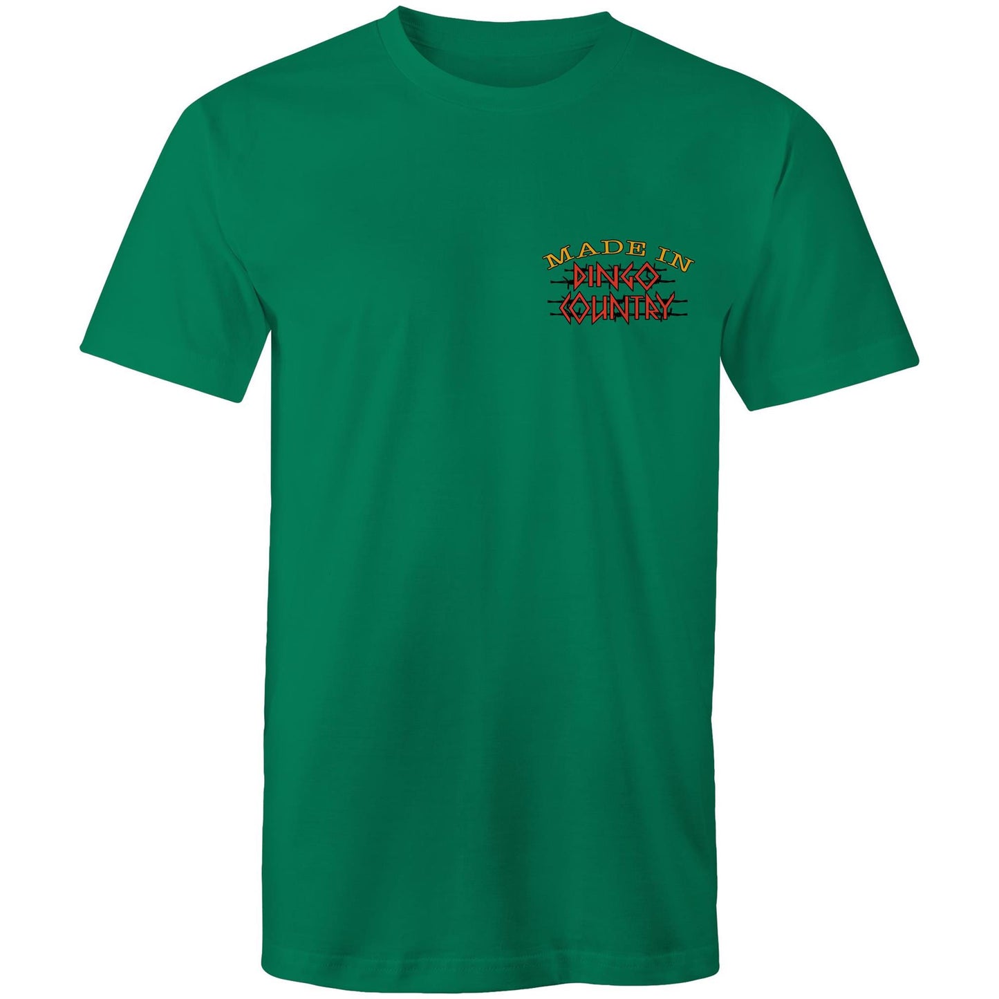 Front view of 'Life’s Short Dance' Men's T-Shirt showcasing the 'Made in Dingo Country' logo in warm earthy tones on a Kelly green background.