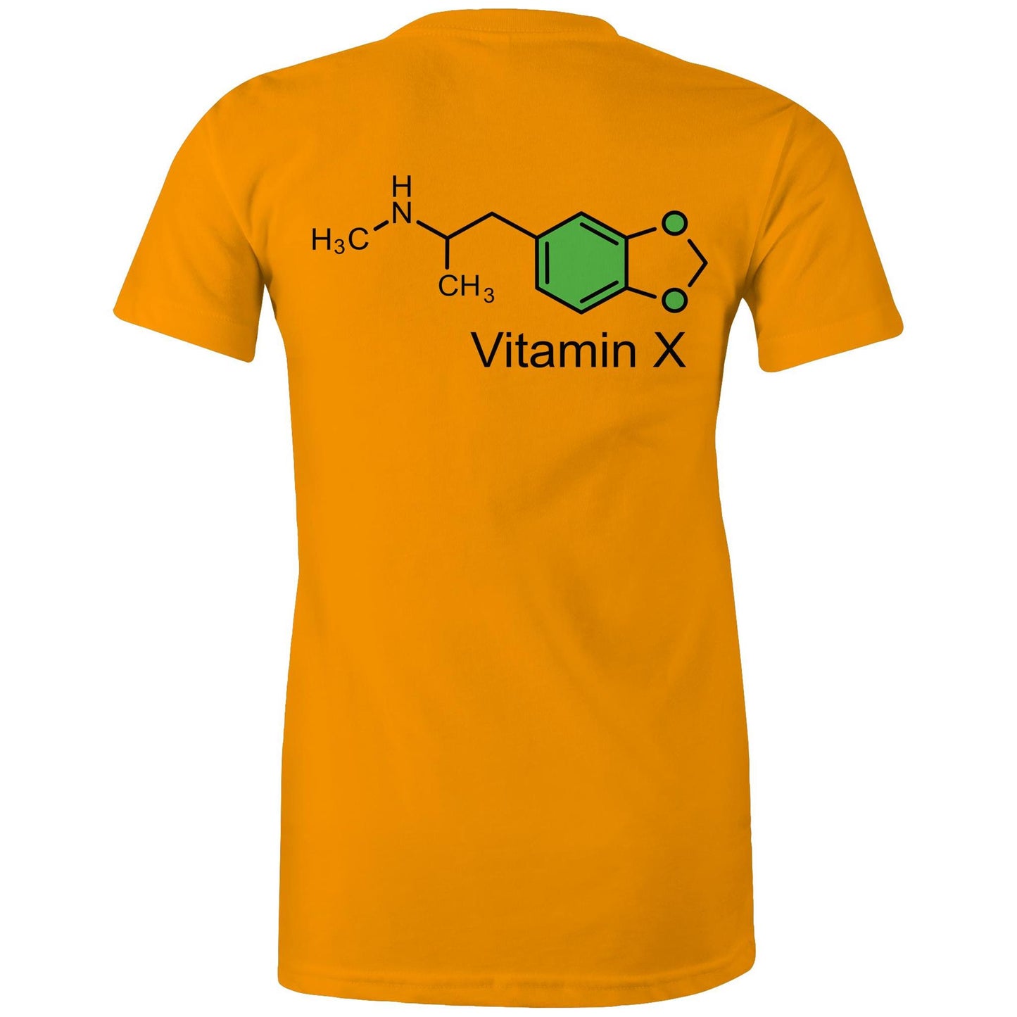 Chemical structure of MDMA, labeled "Vitamin X" on the back of a orange women's maple tee.