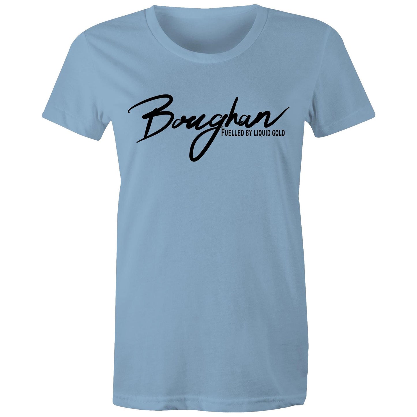 Front view of a carolina blue Women's Maple Tee with 'Boughan - Fuelled by Liquid Gold' text, celebrating Australian beer culture.
