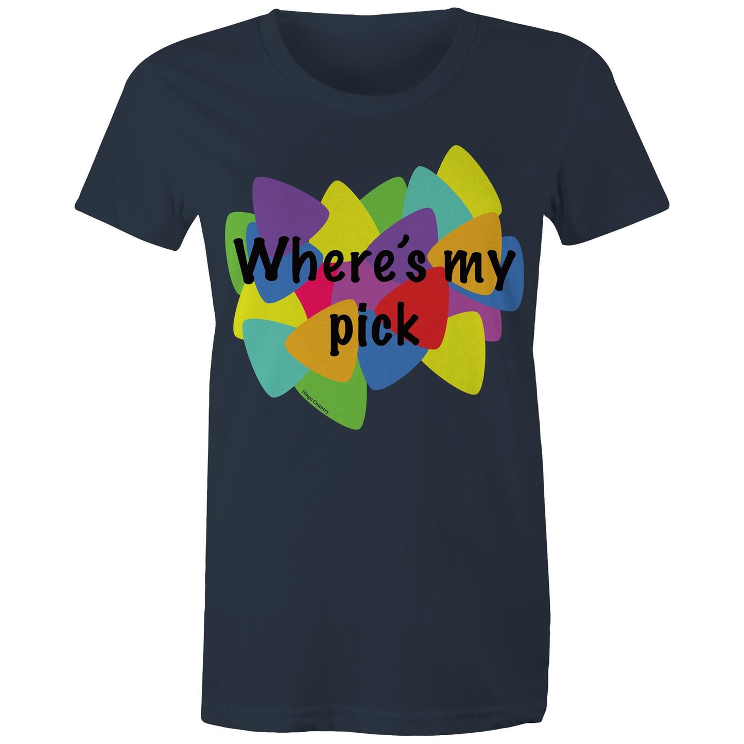 "Where's My Pick" Women's Maple Tee in navy, featuring a colourful and playful guitar pick graphic in the center with the question "Where's my pick" written across, ideal for those who love a blend of music, style, and fun.
