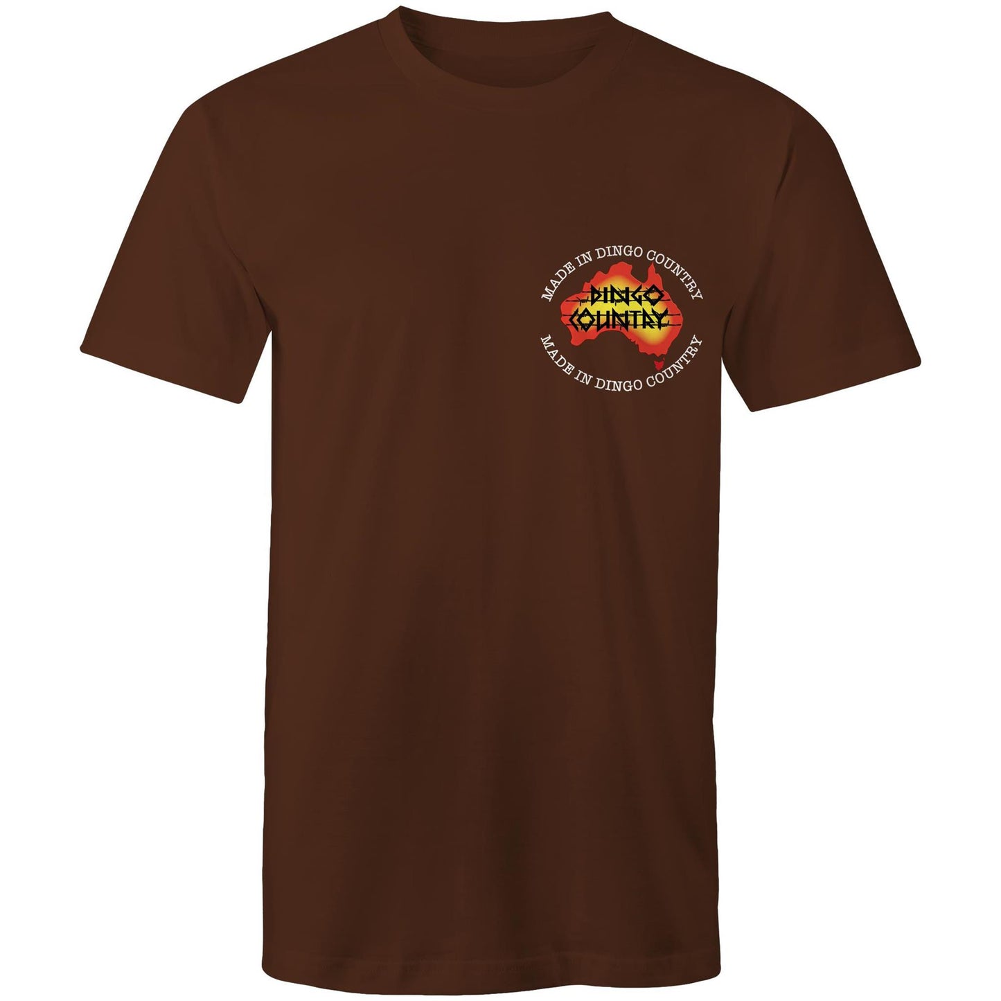 Dark chocolate t-shirt with 'Made in Dingo Country' logo on the chest in vibrant Australian colors.
