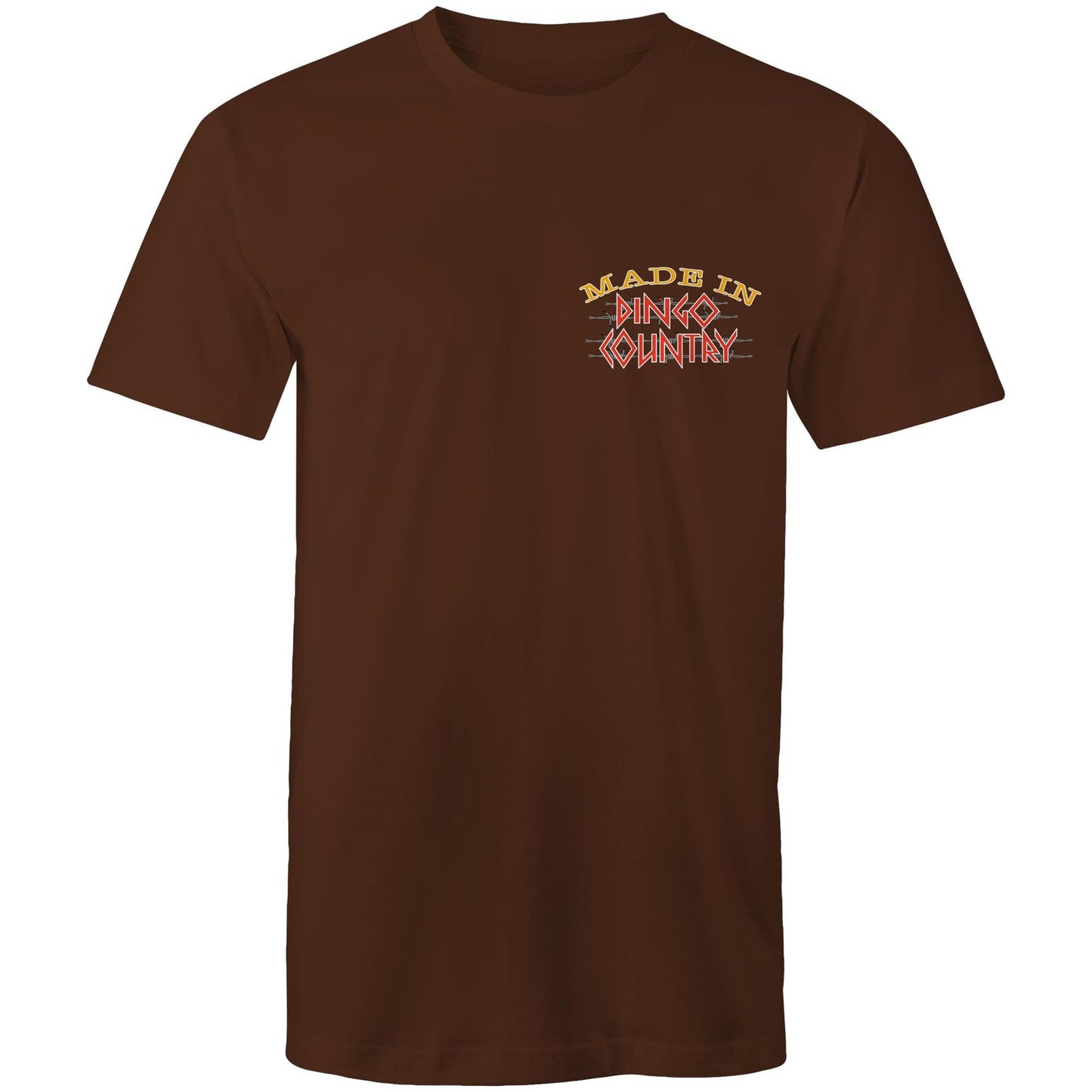 Men's dark chocolate T-shirt with a small 'Made in Dingo Country' chest logo, signifying understated Australian pride and a love for homegrown science.