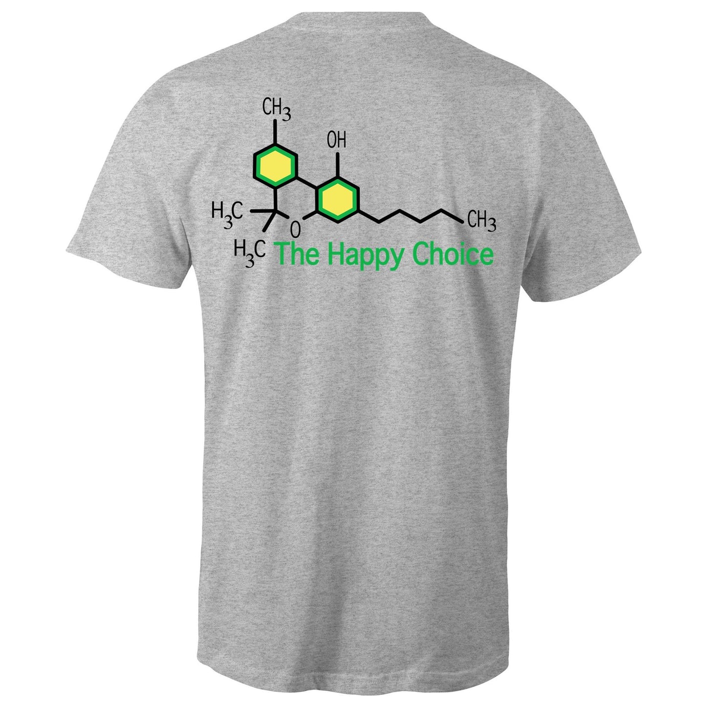 Rear view of a grey T-shirt showing the chemical structure of Tetrahydrocannabinol (THC) with 'The Happy Choice' tagline, merging fun with pharmacological interest.
