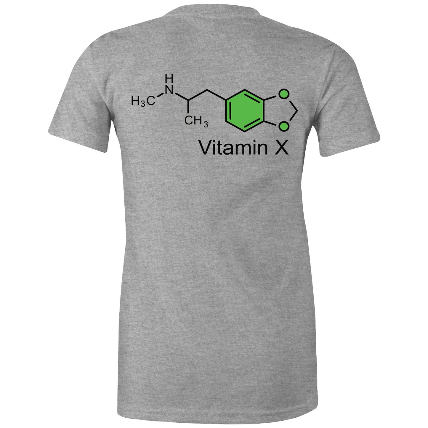 Chemical structure of MDMA, labeled "Vitamin X" on the back of a grey women's maple tee.