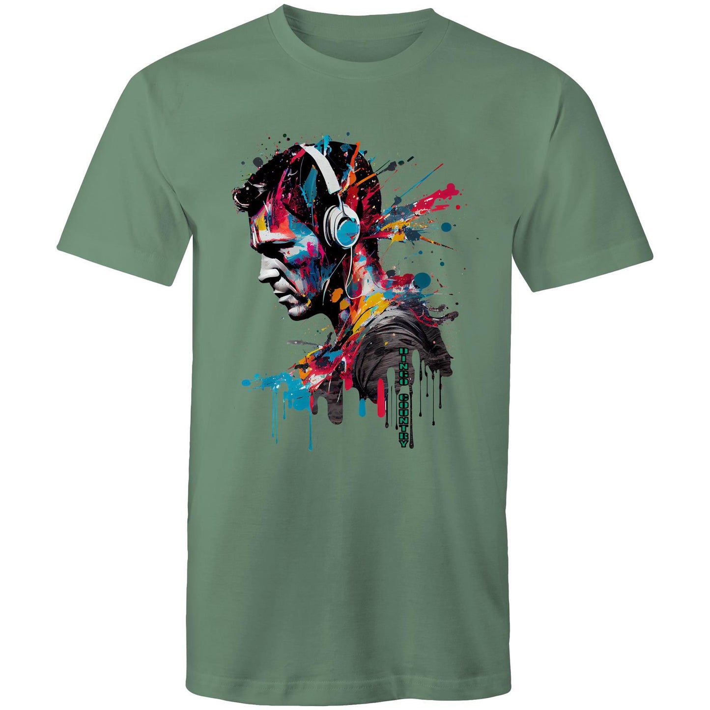 Stylish men's sage T-shirt featuring an artistic headphone graphic with colorful paint splatters, symbolizing a fusion of music and vibrant street art.