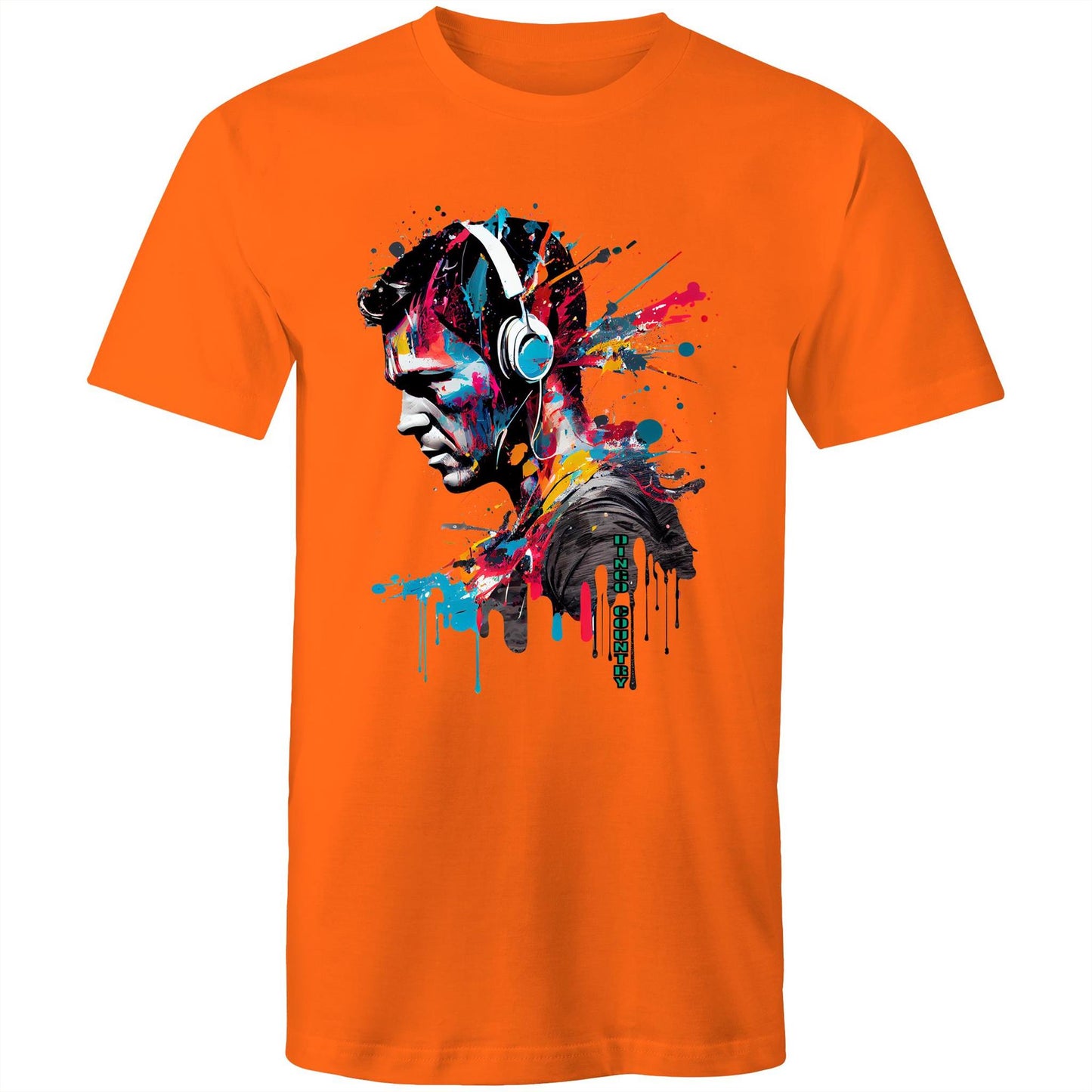 Stylish men's orange T-shirt featuring an artistic headphone graphic with colorful paint splatters, symbolizing a fusion of music and vibrant street art.