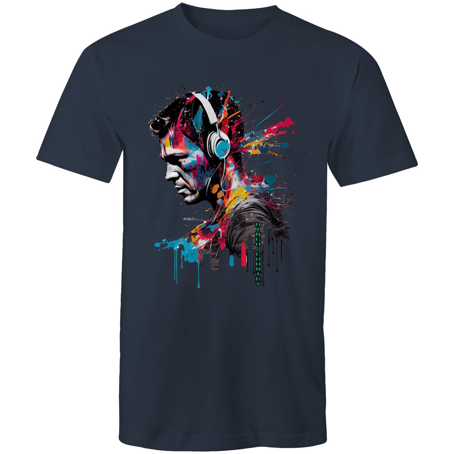 Men's navy t-shirt with a colourful abstract design of a figure in headphones, representing a fusion of music and art, from Dingo Country