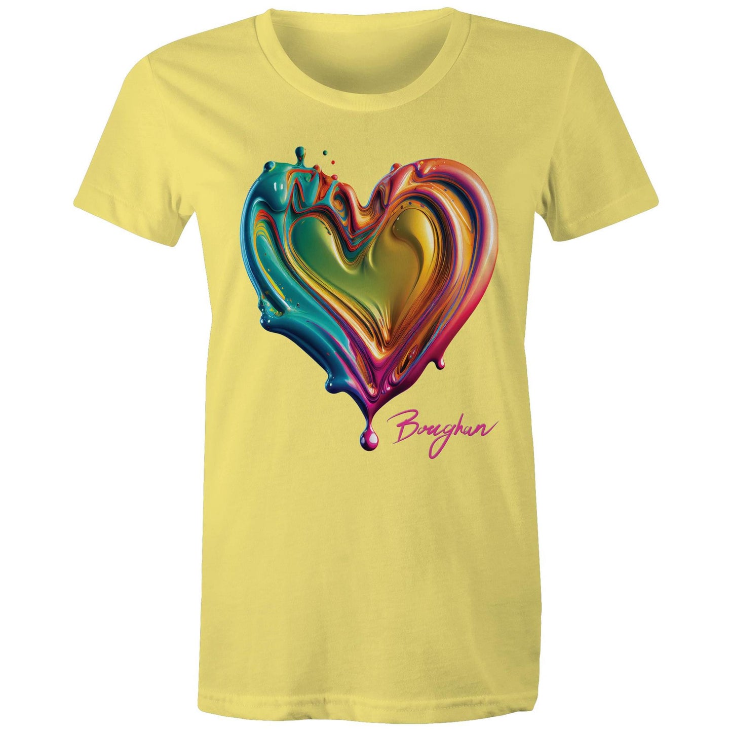 Women's yellow T-shirt from the Boughan Collection with a glossy, multicoloured liquid heart design, embodying a fusion of love and contemporary art.