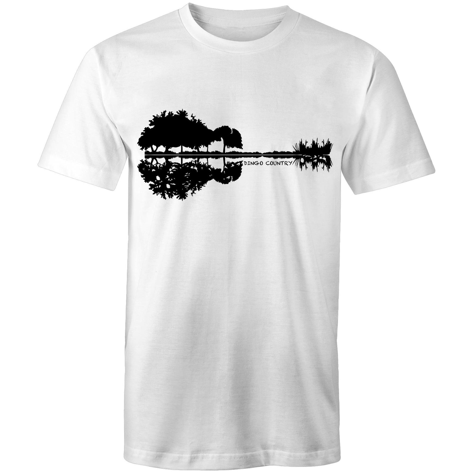 White T-shirt showcasing a creative black graphic that merges a reflection of trees and rocks to form a guitar silhouette, with 'DINGO COUNTRY' printed below. Music inspired.