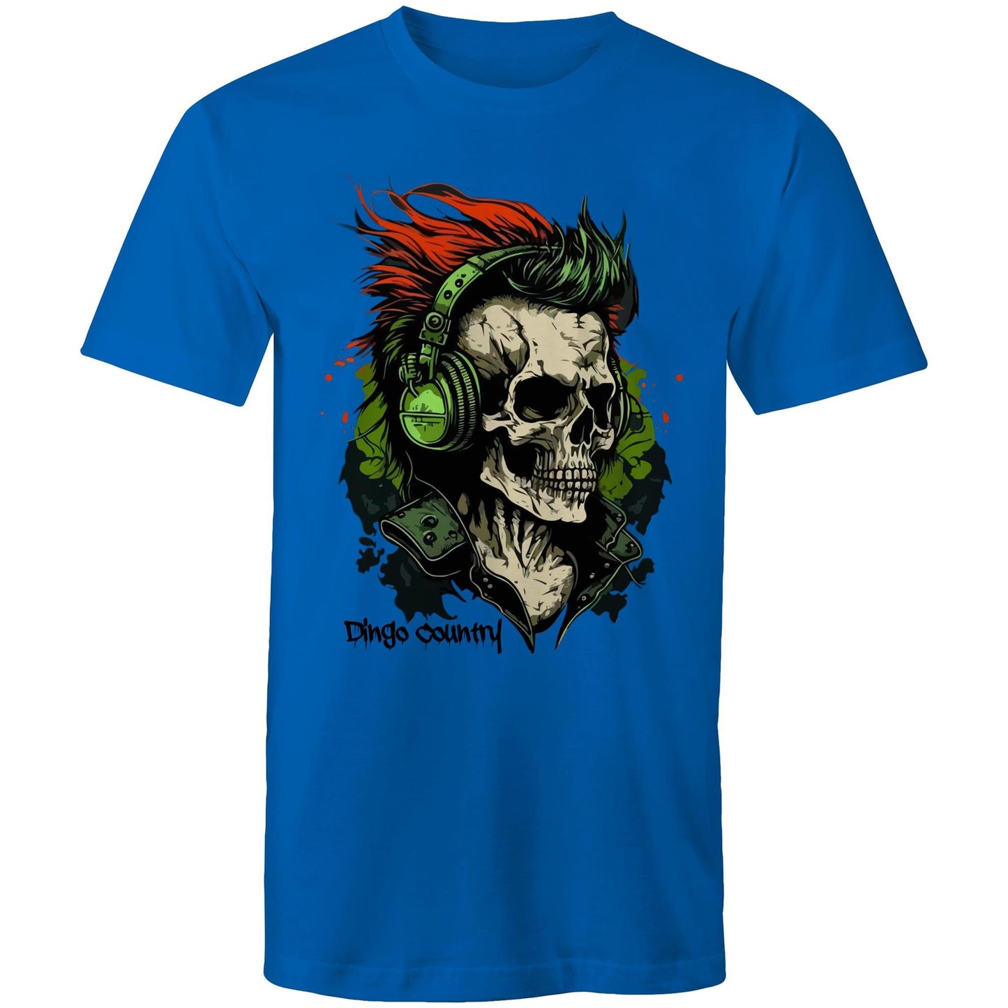 Men's blue T-shirt from Dingo Country's Art & Humour Collection featuring a detailed graphic of a skull with red hair and green headphones, with 'Dingo Country' inscribed below.