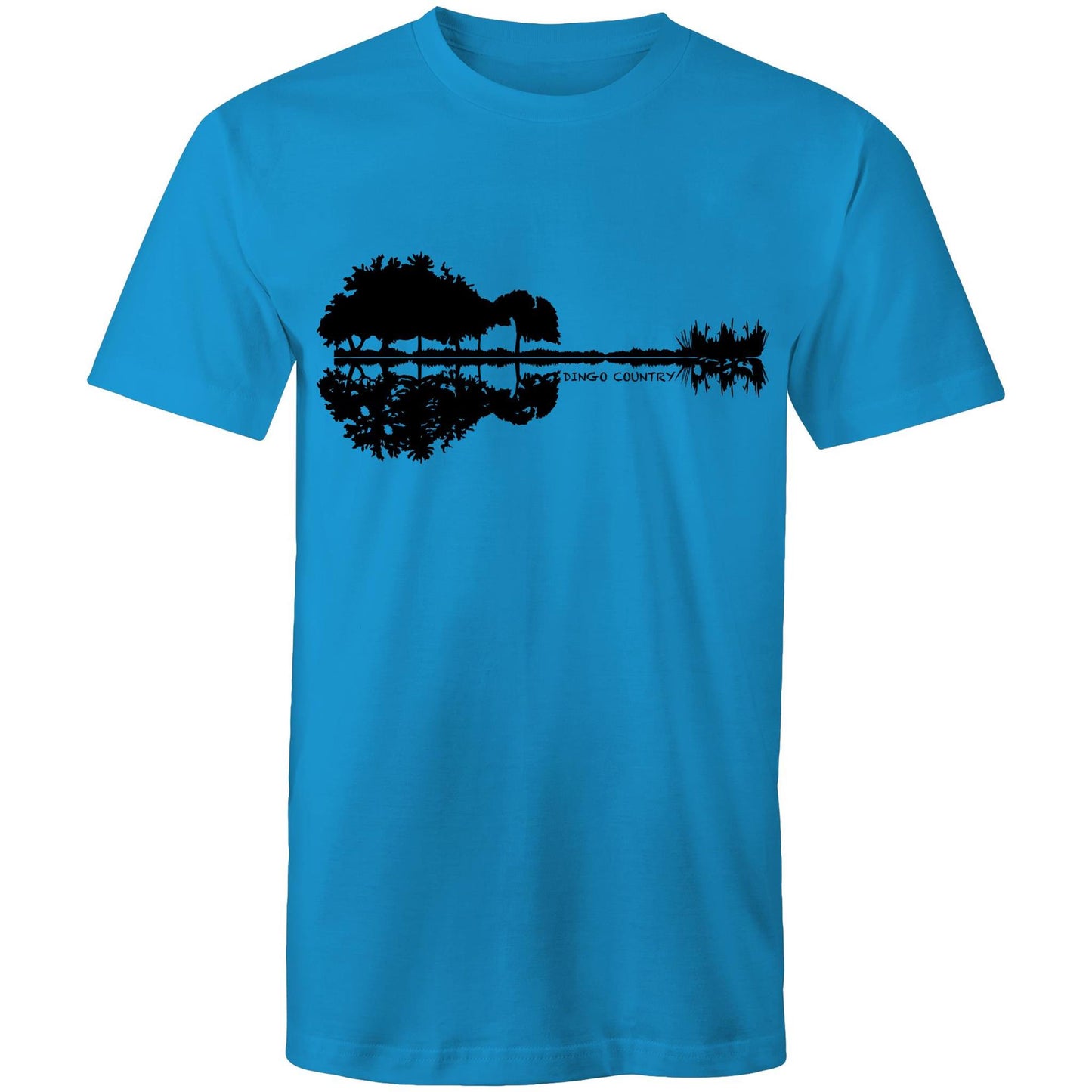 Blue T-shirt showcasing a creative black graphic that merges a reflection of trees and rocks to form a guitar silhouette, with 'DINGO COUNTRY' printed below. Music inspired.