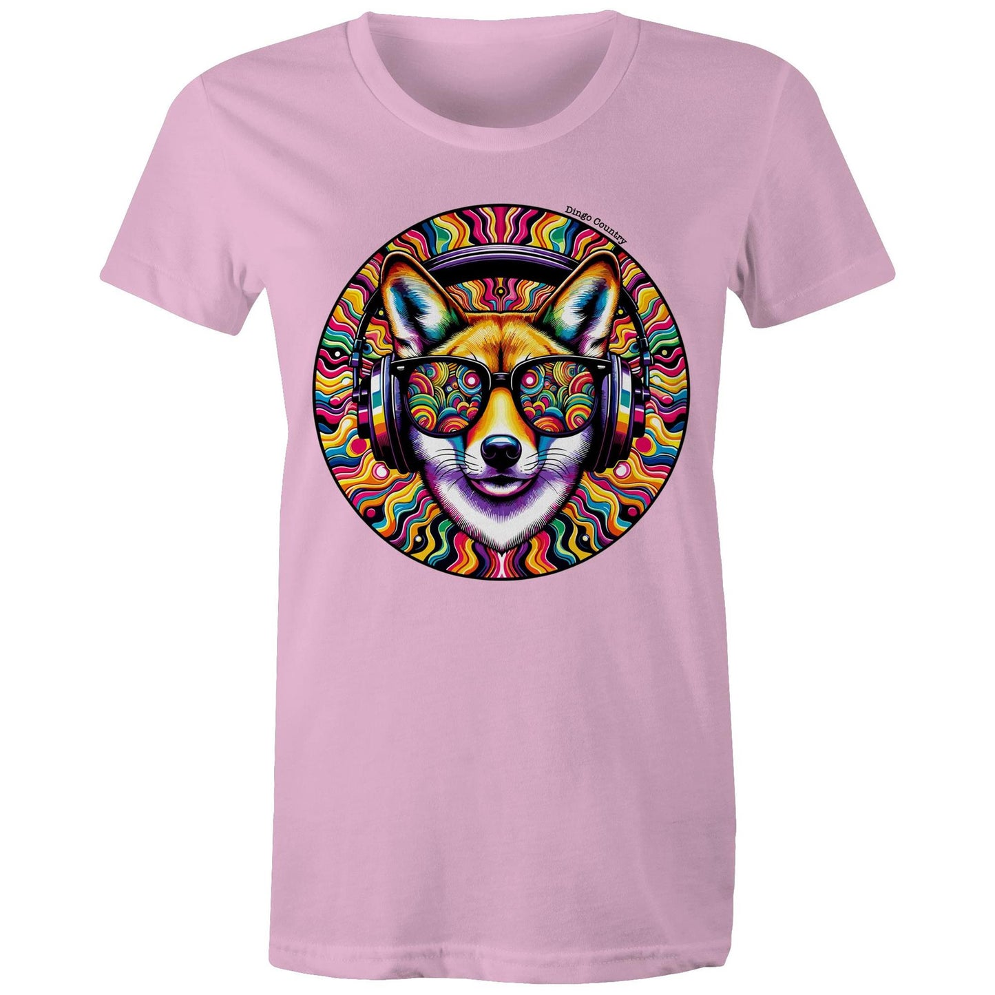 Women's pink T-shirt from Dingo Country featuring a bright and bold psychedelic print of a dingo in sunglasses and headphones, perfect for music and animal lovers alike.