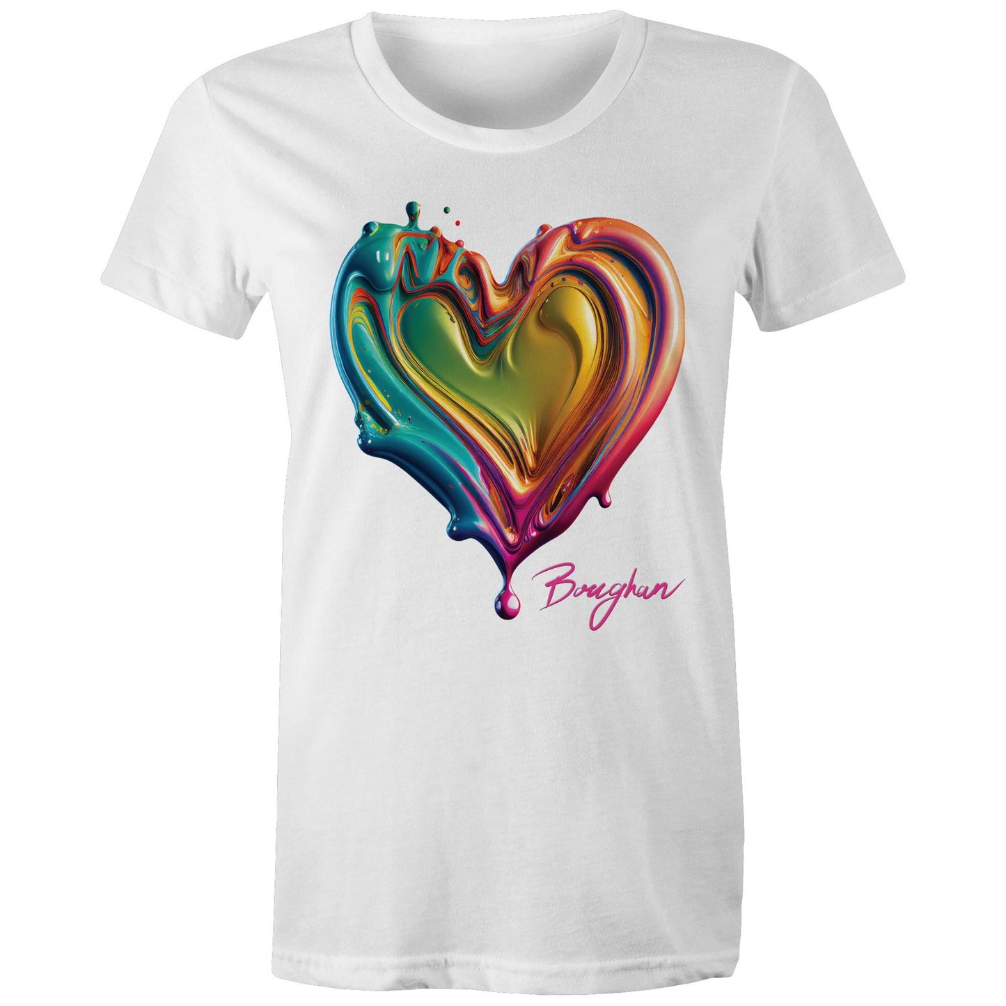 Women's white T-shirt from the Boughan Collection with a glossy, multicoloured liquid heart design, embodying a fusion of love and contemporary art.