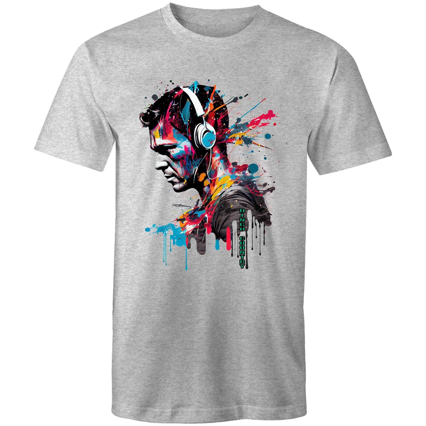 Stylish men's grey T-shirt featuring an artistic headphone graphic with colorful paint splatters, symbolizing a fusion of music and vibrant street art.