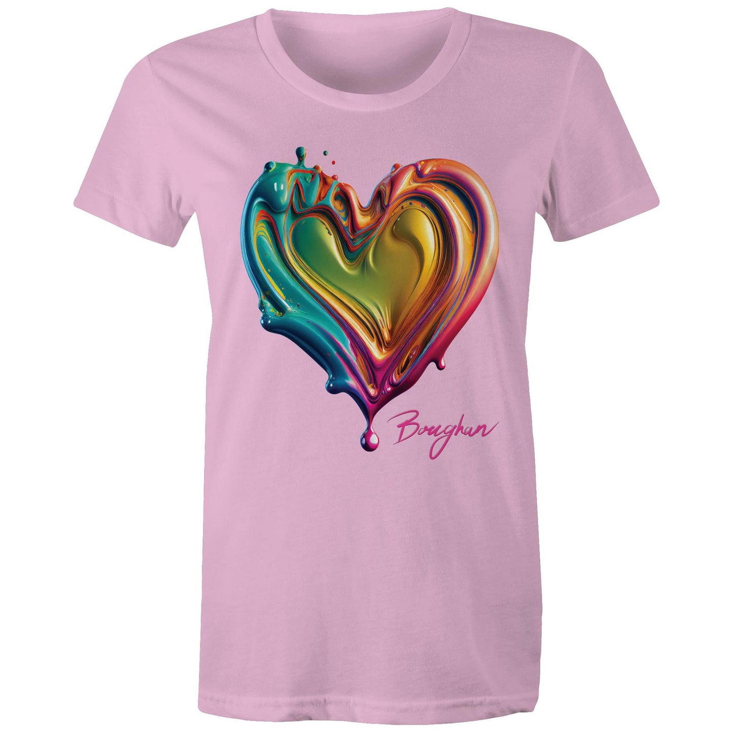 Women's pink T-shirt from the Boughan Collection with a glossy, multicoloured liquid heart design, embodying a fusion of love and contemporary art.