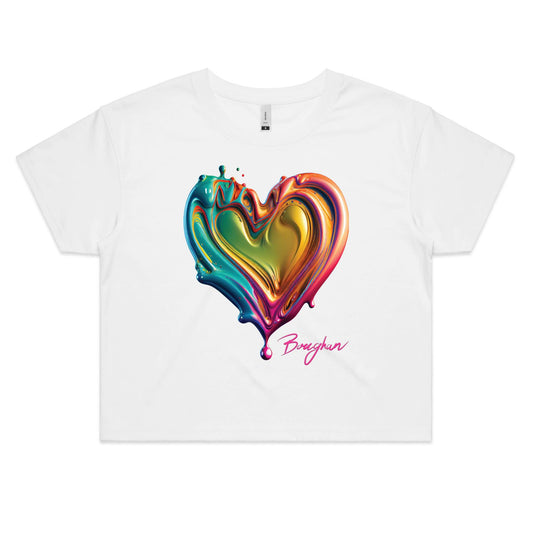 Trendy white crop top for women, adorned with a shiny, colourful liquid heart design and the signature 'Boughan' script, merging art with high street fashion.