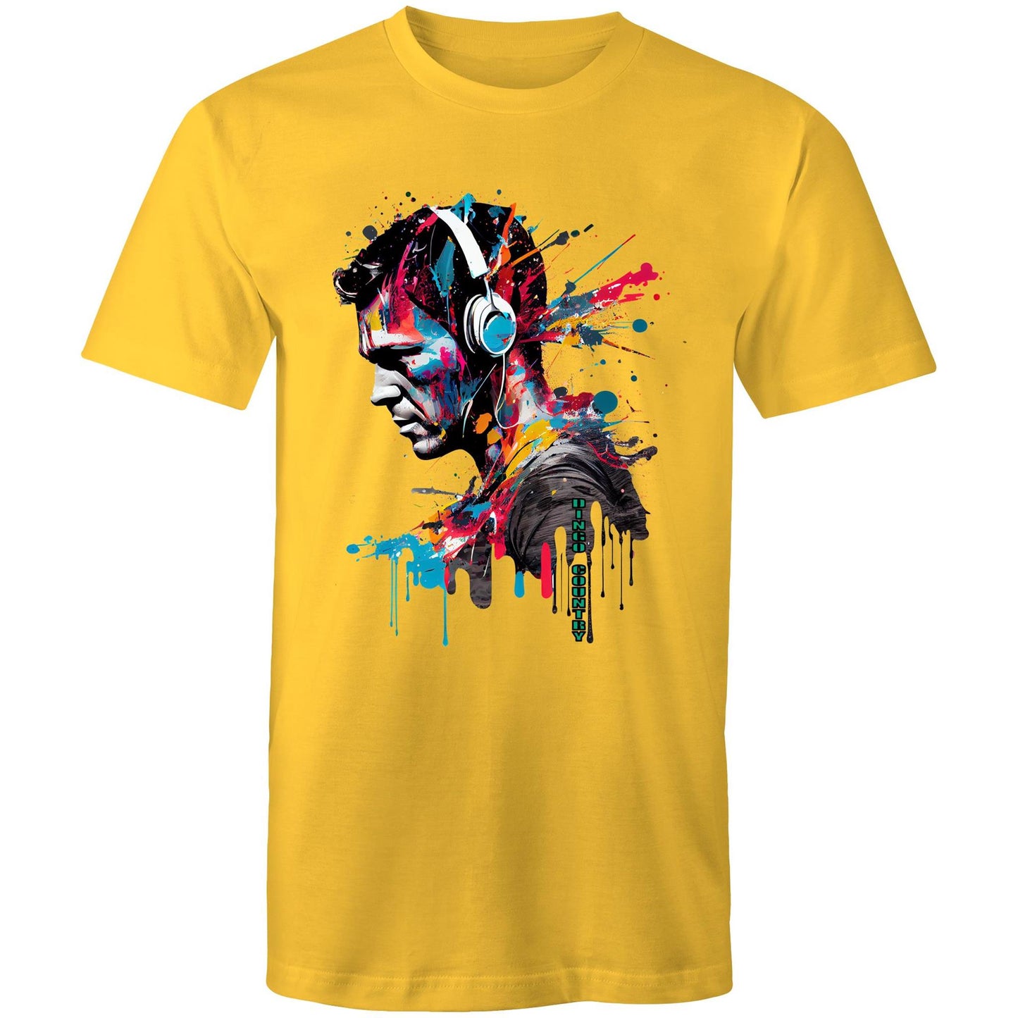 Men's yellow t-shirt with a colourful abstract design of a figure in headphones, representing a fusion of music and art, from Dingo Country