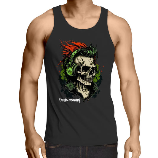 Men's black singlet showcasing a graphic of a skull with a red mohawk and green headphones, labeled with 'Dingo Country' for a bold statement look.