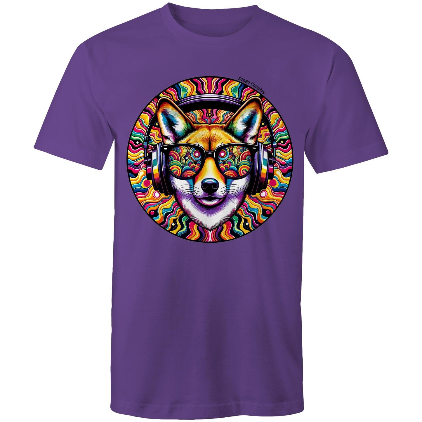 Men's purple T-shirt from Dingo Country with a colourful psychedelic dingo wearing headphones design, celebrating the fusion of music and Australian wildlife.