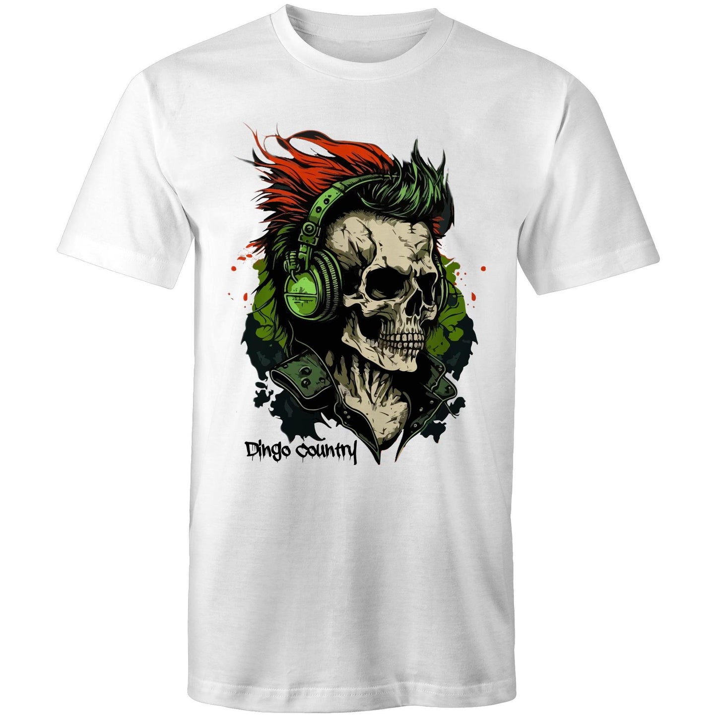 Men's white T-shirt from Dingo Country's Art & Humour Collection featuring a detailed graphic of a skull with red hair and green headphones, with 'Dingo Country' inscribed below.