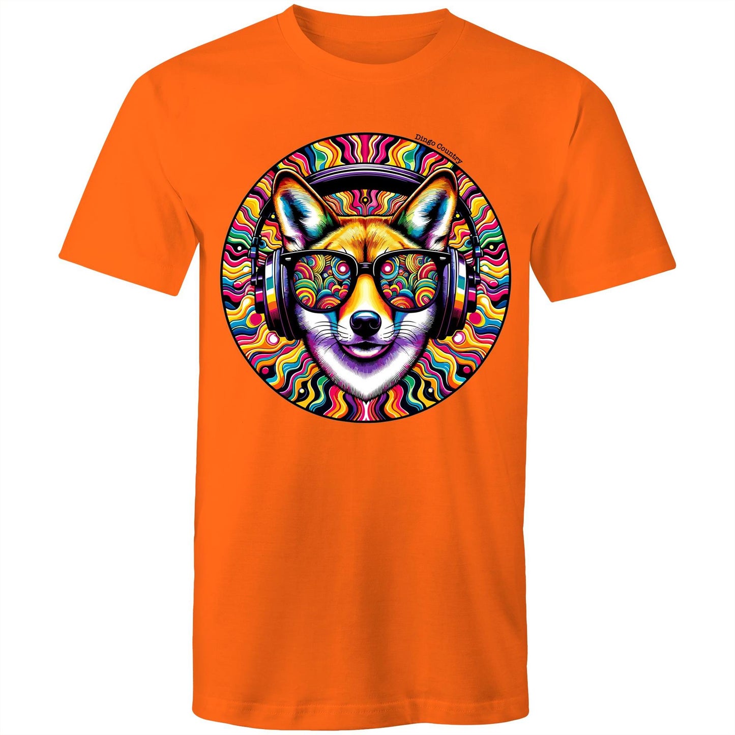 Men's orange T-shirt from Dingo Country with a colourful psychedelic dingo wearing headphones design, celebrating the fusion of music and Australian wildlife.