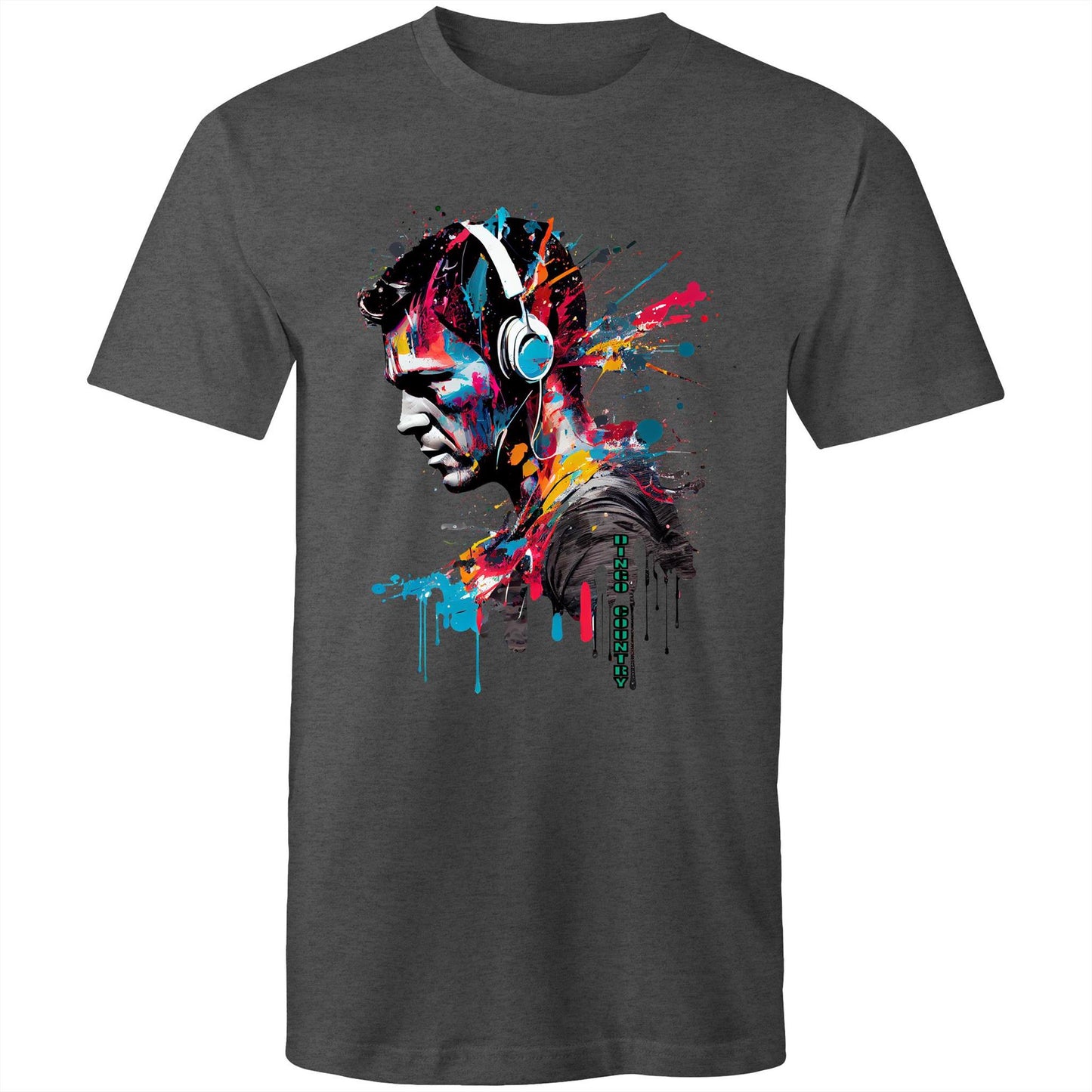 Stylish men's charcoal T-shirt featuring an artistic headphone graphic with colorful paint splatters, symbolizing a fusion of music and vibrant street art.