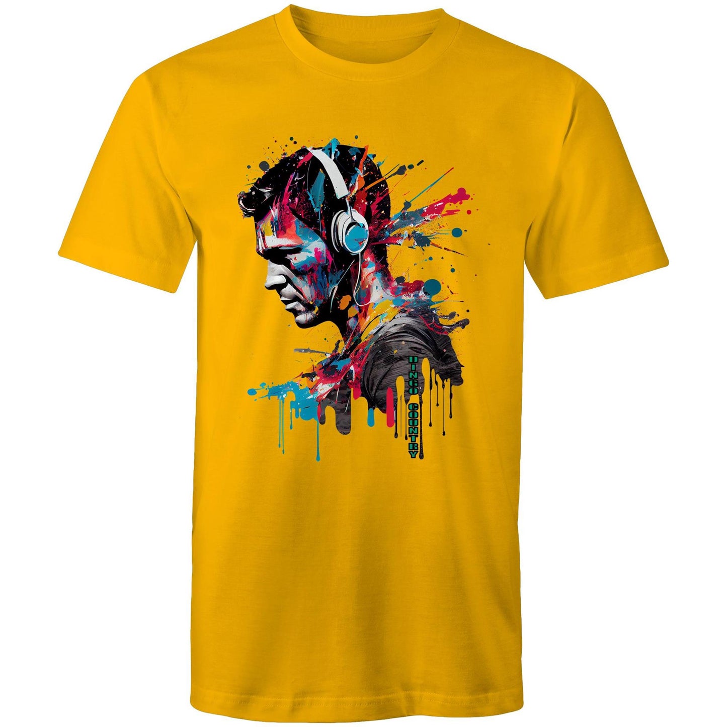 Stylish men's yellow T-shirt featuring an artistic headphone graphic with colorful paint splatters, symbolizing a fusion of music and vibrant street art.