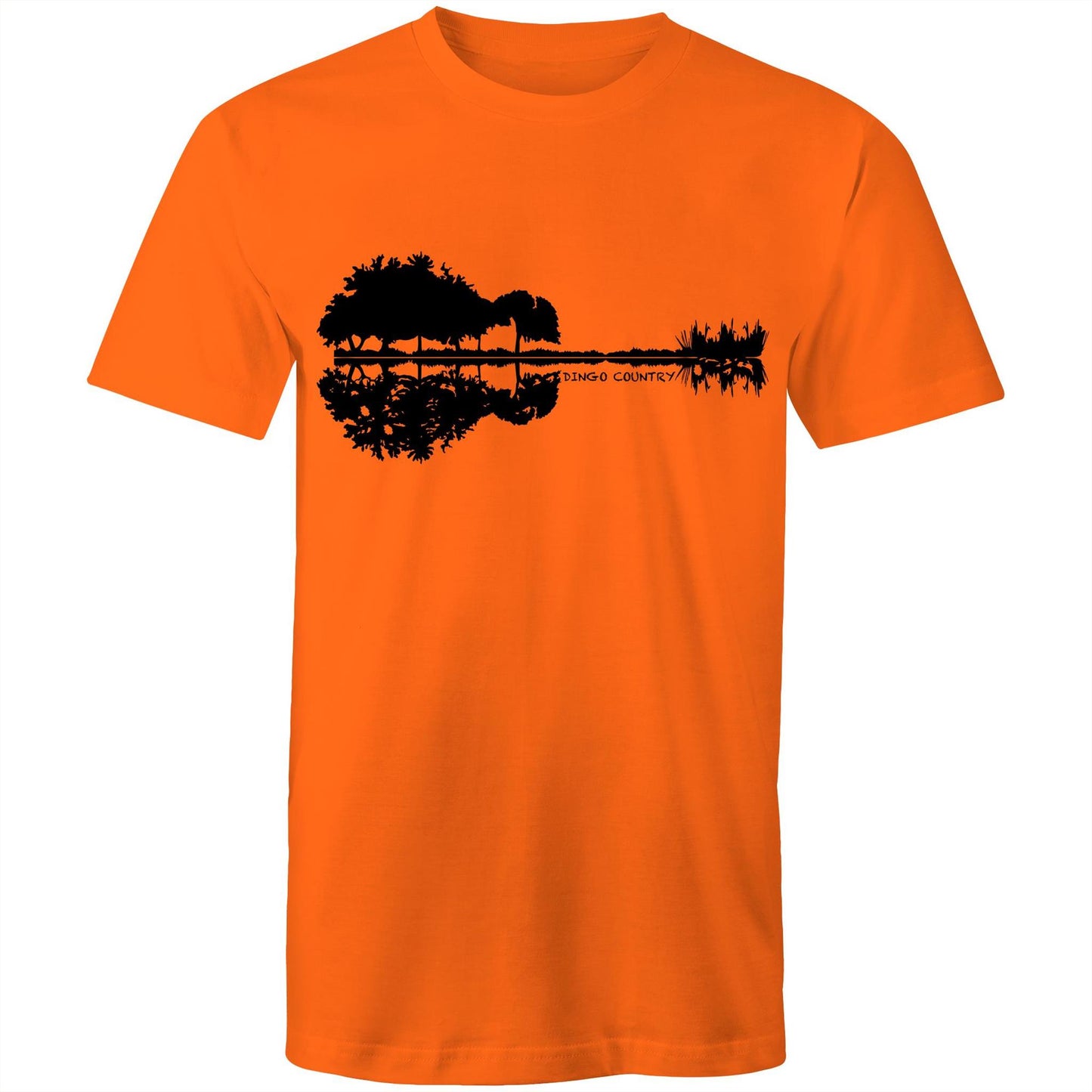 Orange T-shirt showcasing a creative black graphic that merges a reflection of trees and rocks to form a guitar silhouette, with 'DINGO COUNTRY' printed below. Music inspired.